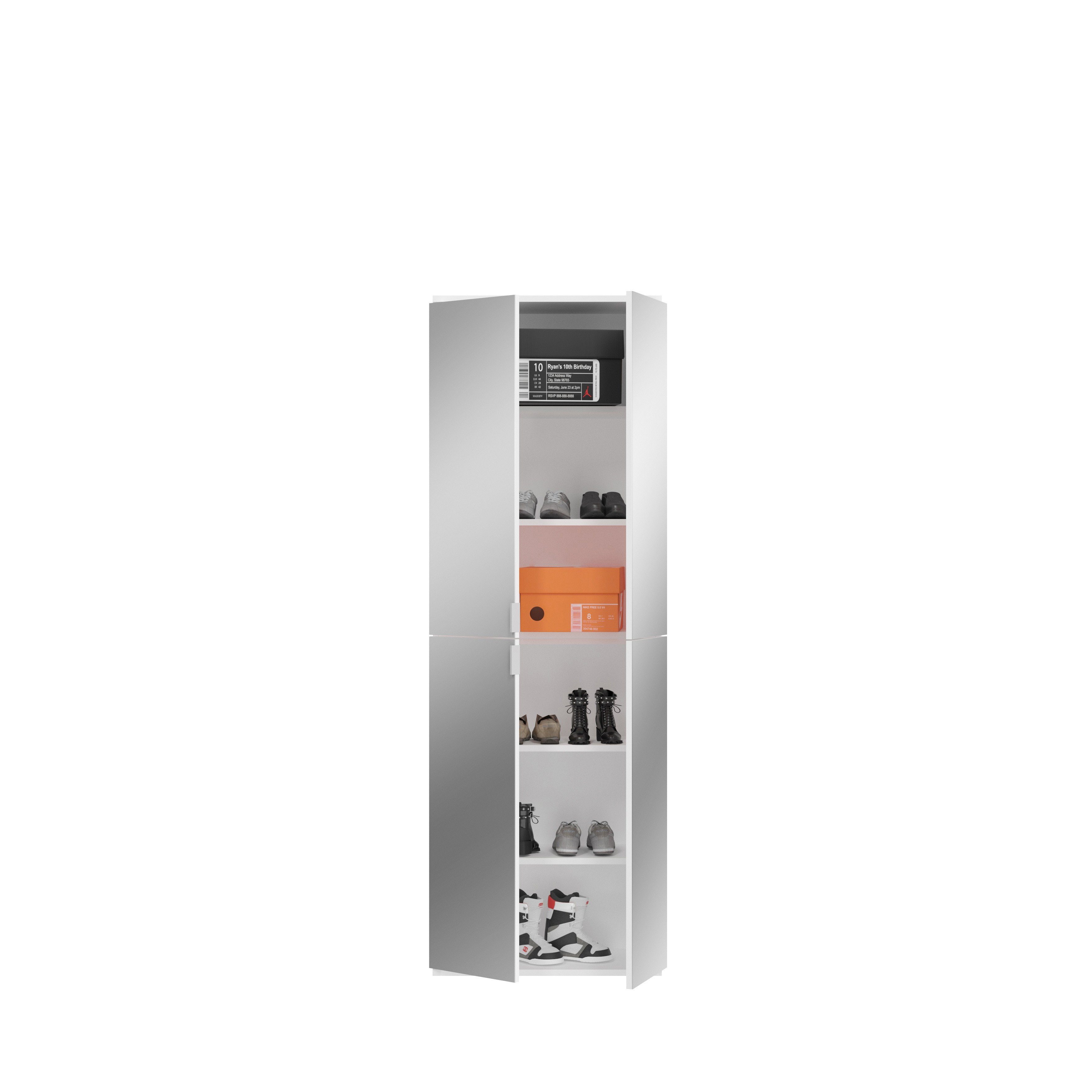 furnling Spiegelschrank Professor 61 x 194 x 34 cm in Hochglanz weiß mit Spiegelfront, Garderobe Schrank