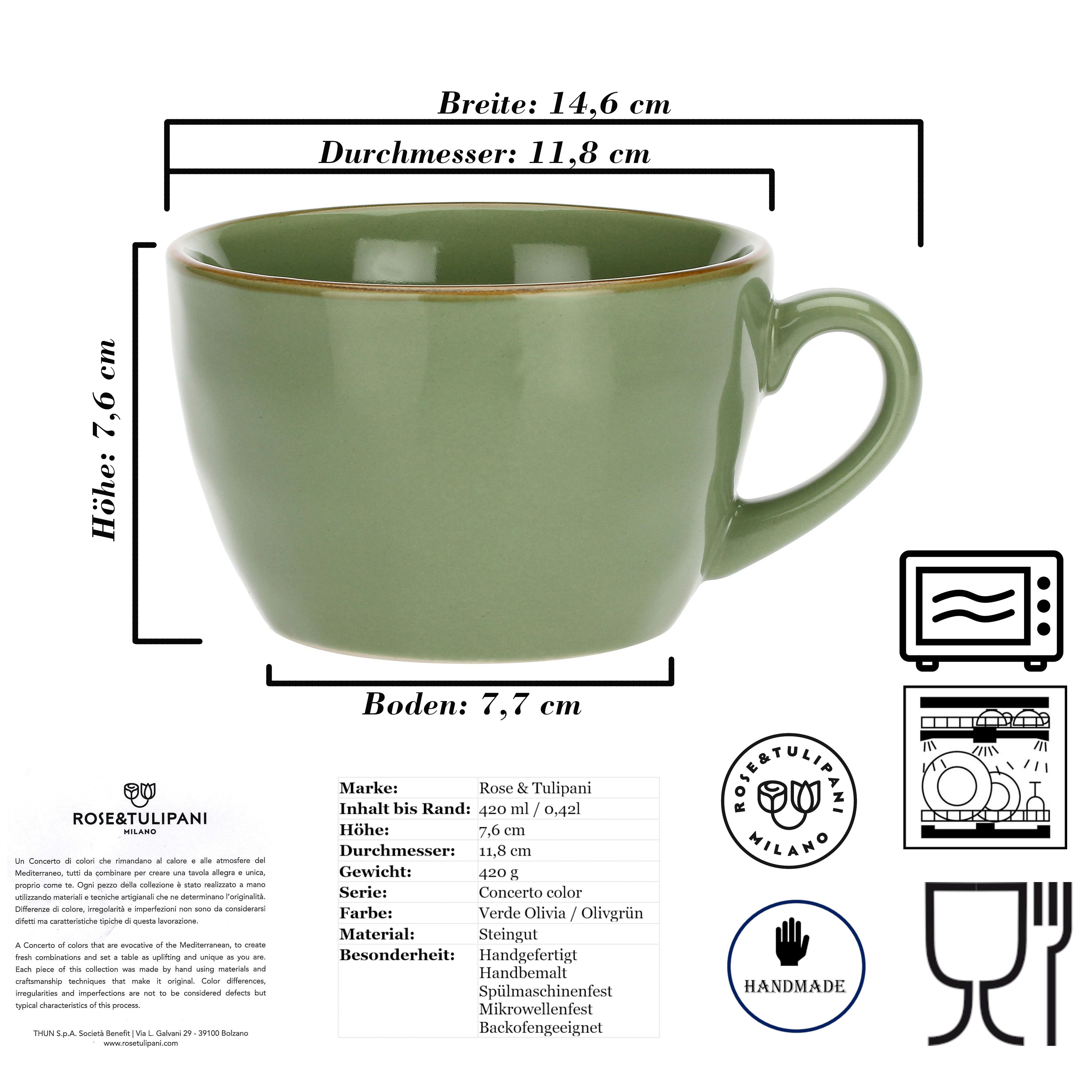Rose & Tulpani Tasse Frühstückstasse Tasse Teetasse 420 ml Concerto Olivgrün, 1-tlg., Steingut, Handgefertigt, Mikrowellenfest, Backofengeeignet