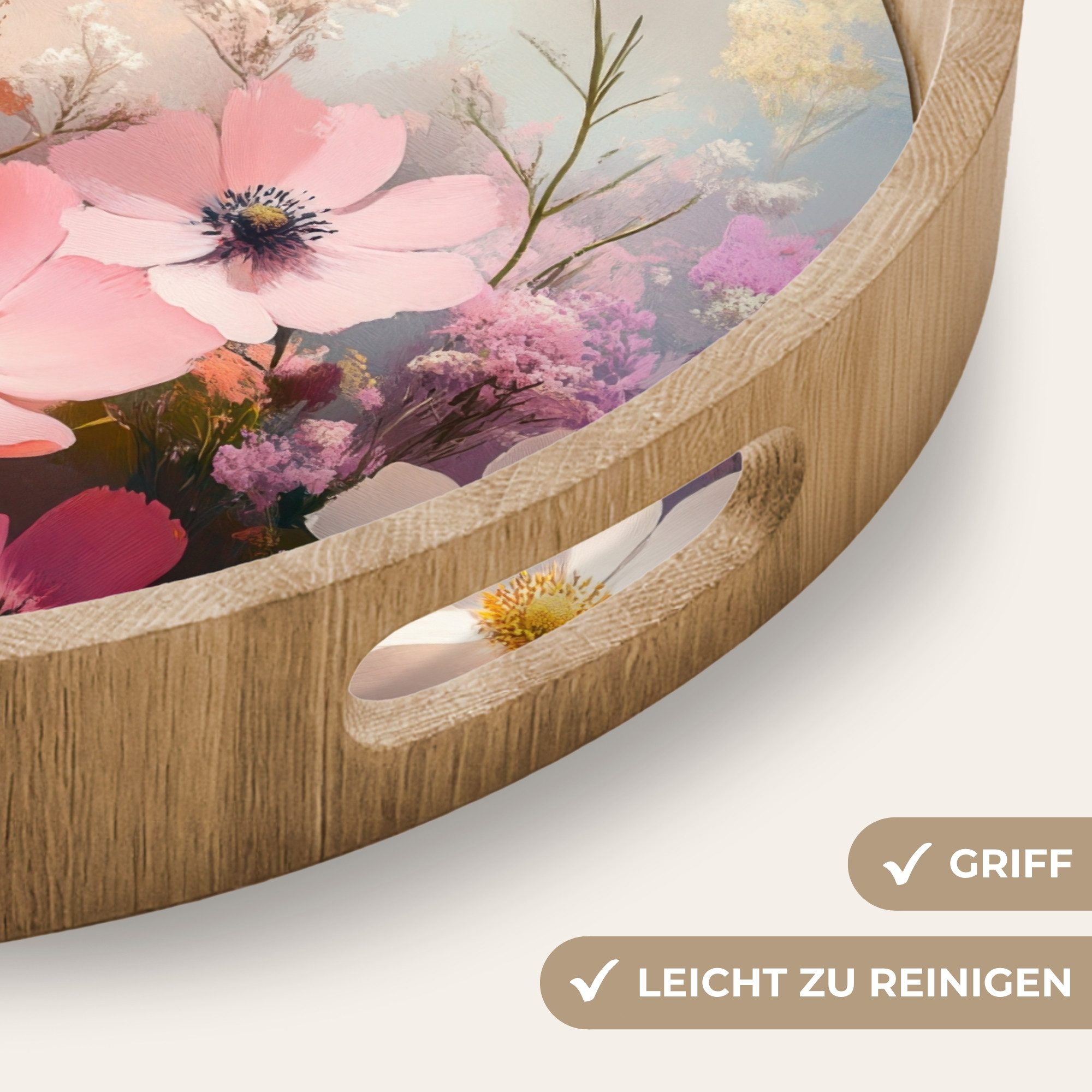 OnlyWow Tablett Rund mit Henkel Blumen - Bunt - Blühend, Eichenholz, (1-tlg), Siervierplatte, Tray, Frühstücksbrett