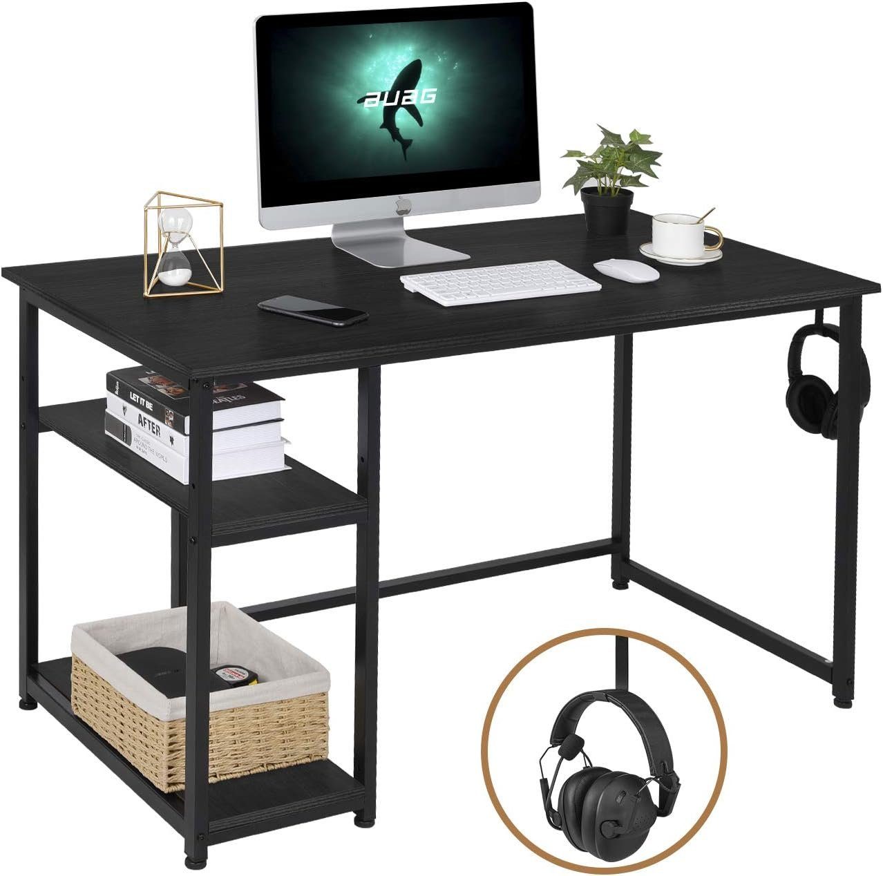 TLGREEN Schreibtisch Computertisch mit Regale und Haken Bürotisch Laptop 120x60 cm Schwarz