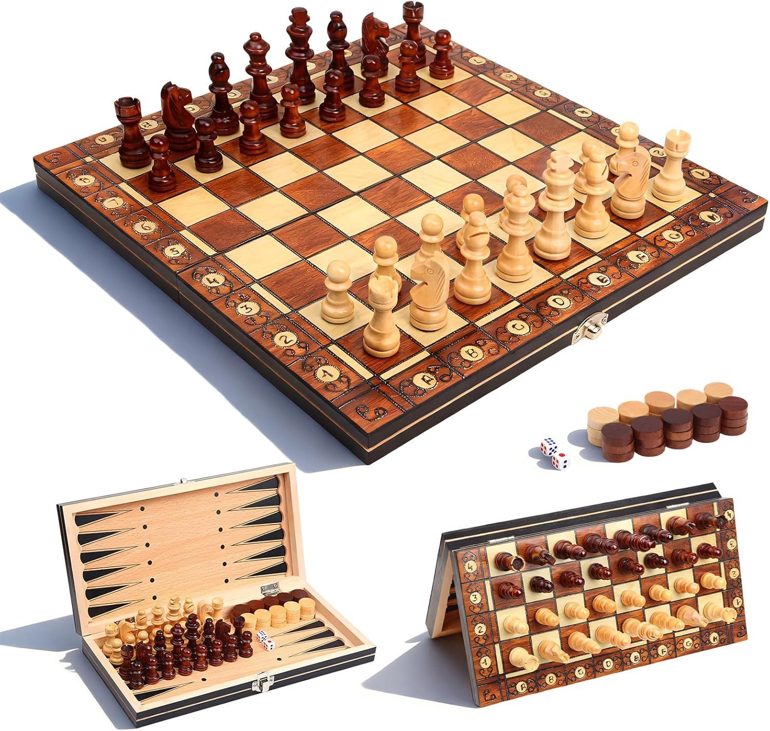 SURFOU Spiel Magnetisches Schachspiel 3 in 1 aus Holz, klappbar mit Magnetfiguren, Schach, Dame & Backgammon, 29 x 29 cm, tragbares Reisespiel für Kinder