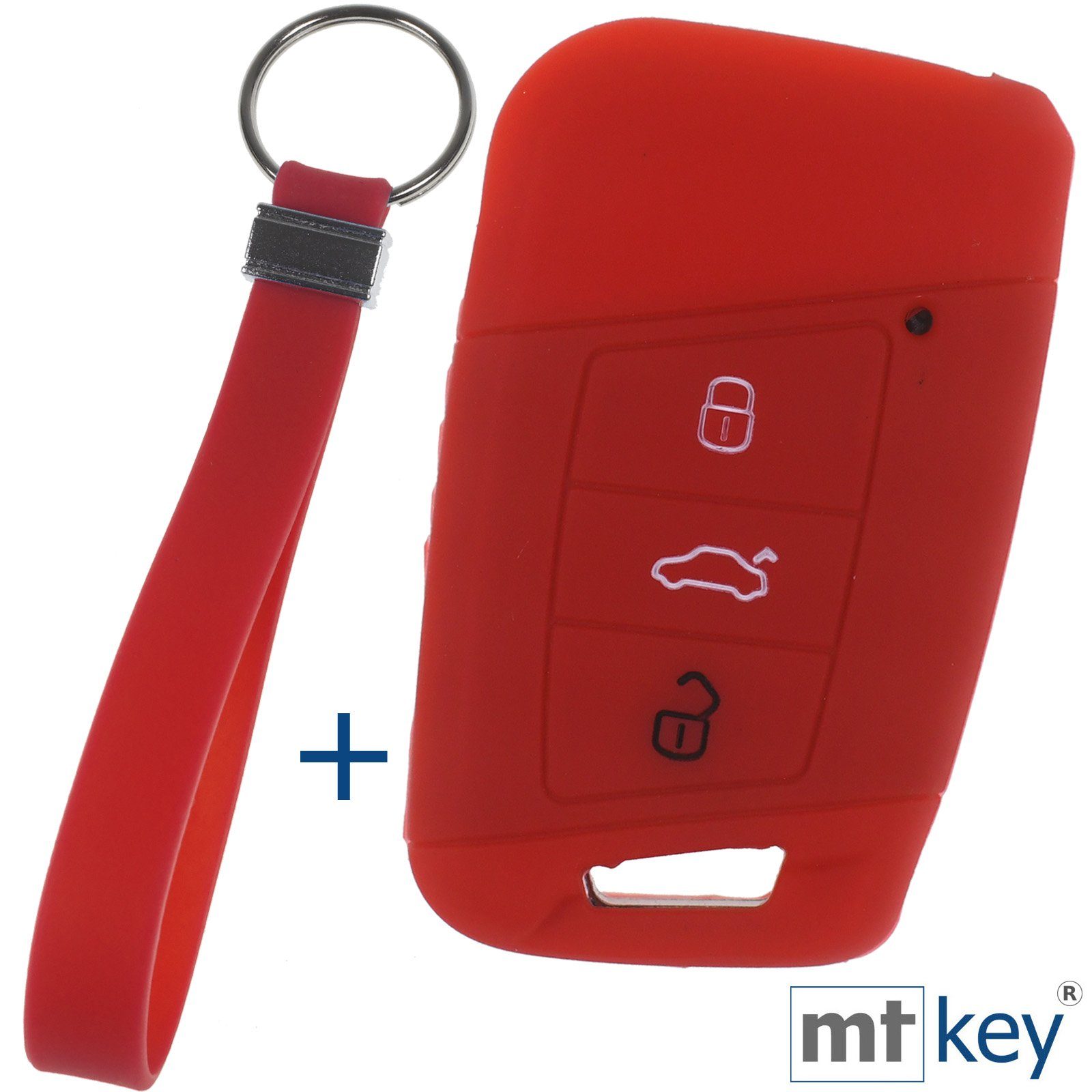 mt-key Schlüsseltasche Autoschlüssel Softcase Silikon Schutzhülle Rot mit Schlüsselband, für VW Passat B8 Arteon Skoda Kodiaq 3 Tasten KEYLESS SMARTKEY