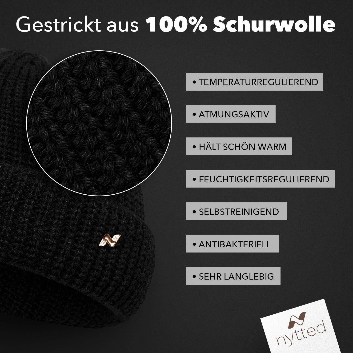 Strickmütze - schwarz Costeau UNISEX Germany Wolle NYTTED® kurze - 100% Mütze- Made in -