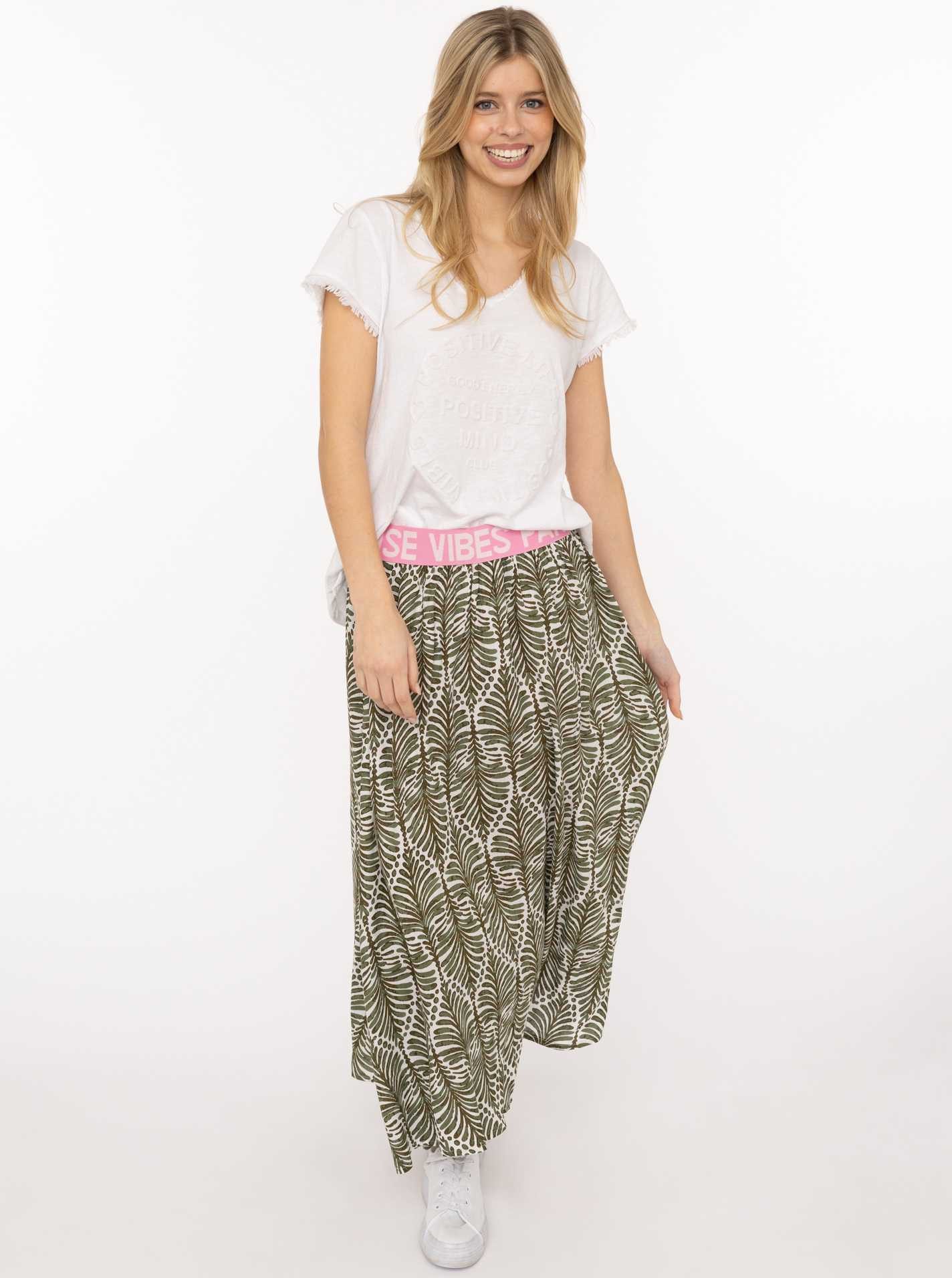 Zwillingsherz Maxirock "Jungle Leaves" Blättermotiv, Gummizug mit Schrift, leichtes Material, knöchellang