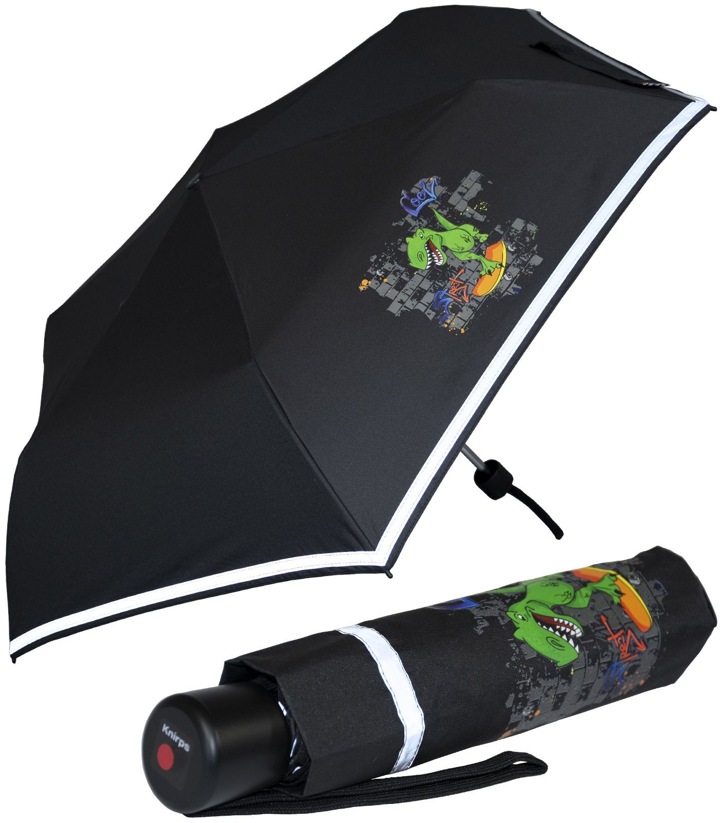 dem Kinderschirm mit auf reflective Taschenregenschirm 4Kids Reflexborte, Sicherheit Schulweg, Knirps® T-Rex Dinosaurier