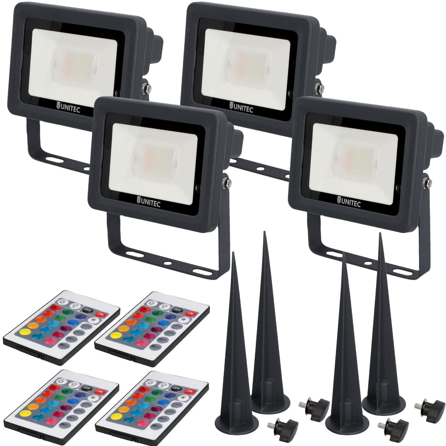 UNITEC LED Gartenstrahler 4x LED Strahler mit Erdspieß farbig Gartenlampe, LED fest eingebaut, Farbwechsler, Außenleuchte Outdoor IP65 Fernbedienung Gartenstrahler bunt Spot Außen