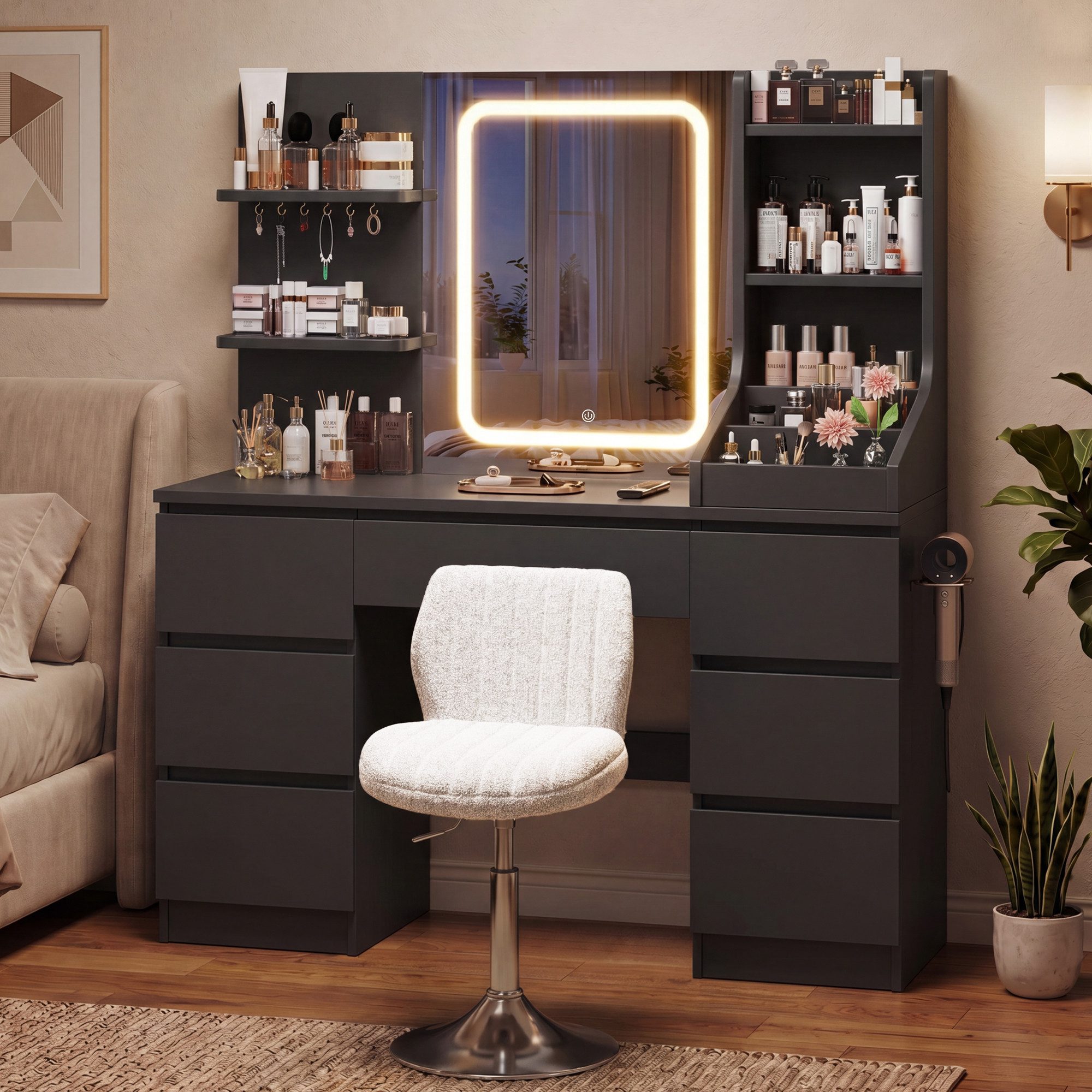 HOMALL Schminktisch Spiegel mit LED-Beleuchtung, 7 Schubladen (Maße: 110 × 40 × 139 cm, drei einstellbare Farbtemperaturen, mit 8 offenen Ablagefächern, 6 Schmuckhaken, 2 Steckdosen, 1 USB-Anschluss, 1 Typ-C-Anschluss und einer Haartrocknerhalterung)
