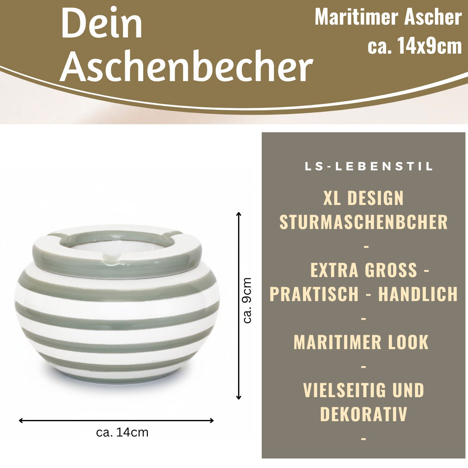 LS-LebenStil Aschenbecher XL Sturmaschenbecher 14x9cm Grau Weiß Windaschenbecher, Windaschenbecher Ashtray Tischaschenbecher Garten Balkon Deko