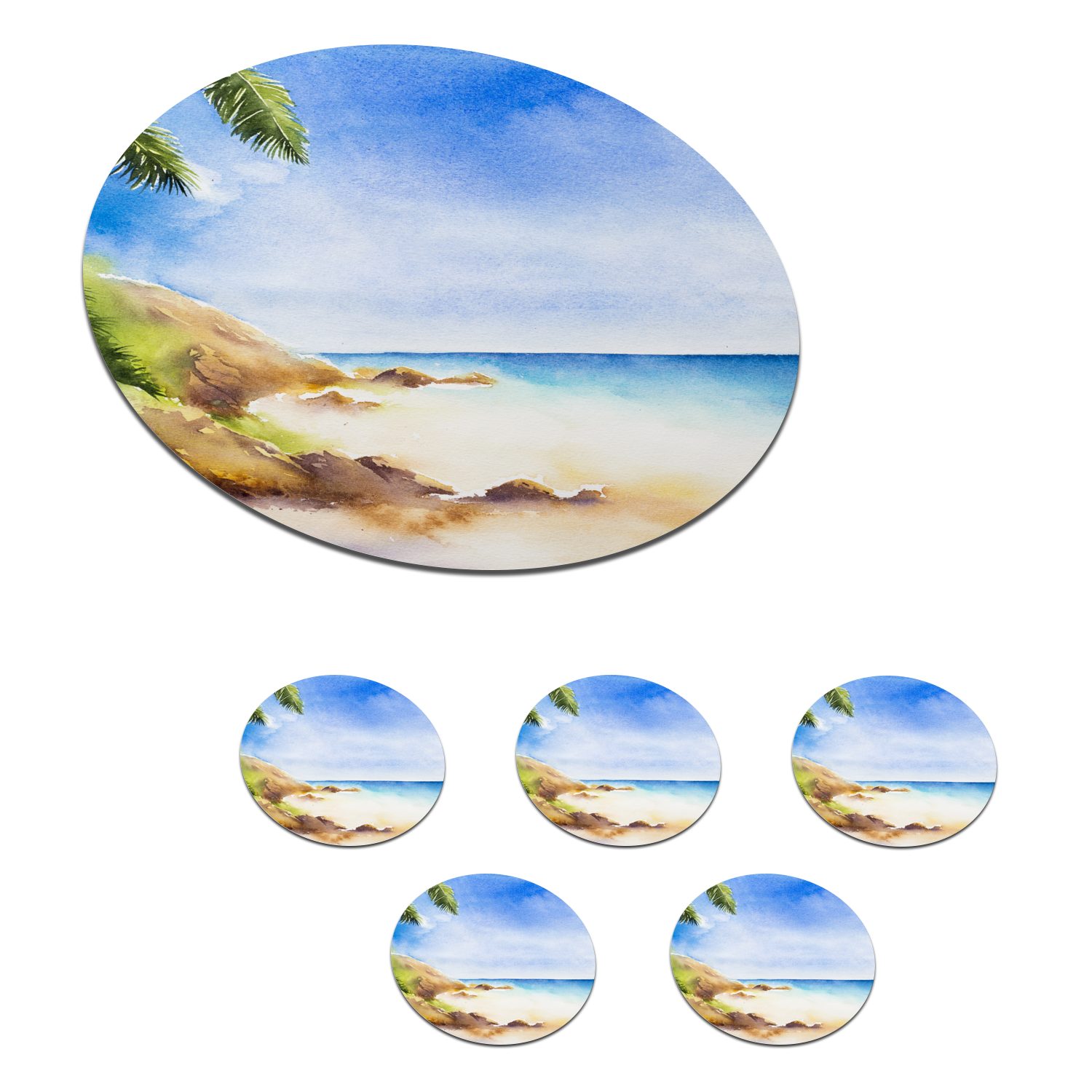 MuchoWow Glasuntersetzer Strand - Meer - Aquarell, Zubehör für Gläser, 6-tlg., Getränkeuntersetzer, Tassenuntersetzer, Korkuntersetzer, Tasse, Becher