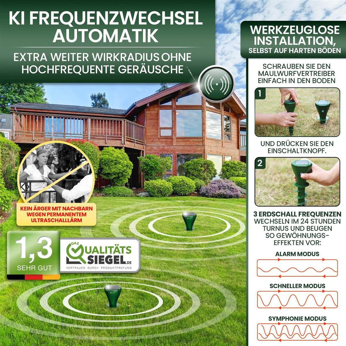 HEIMWERT Ultraschall-Tierabwehr HEIMWERT Maulwurf Vertreiber Wühlmausschreck 2er Pack, 2-tlg., hocheffizientes Erdschall System mit 3 Wechselfrequenzen