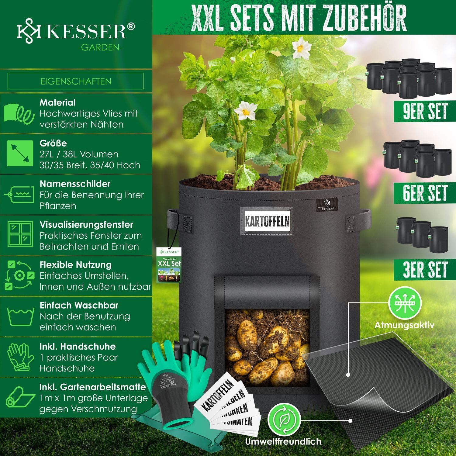 Thumbnail - KESSER Pflanzkübel, Kartoffel-Pflanzsack XXL Kartoffel-Pflanzbeutel aus Vlies