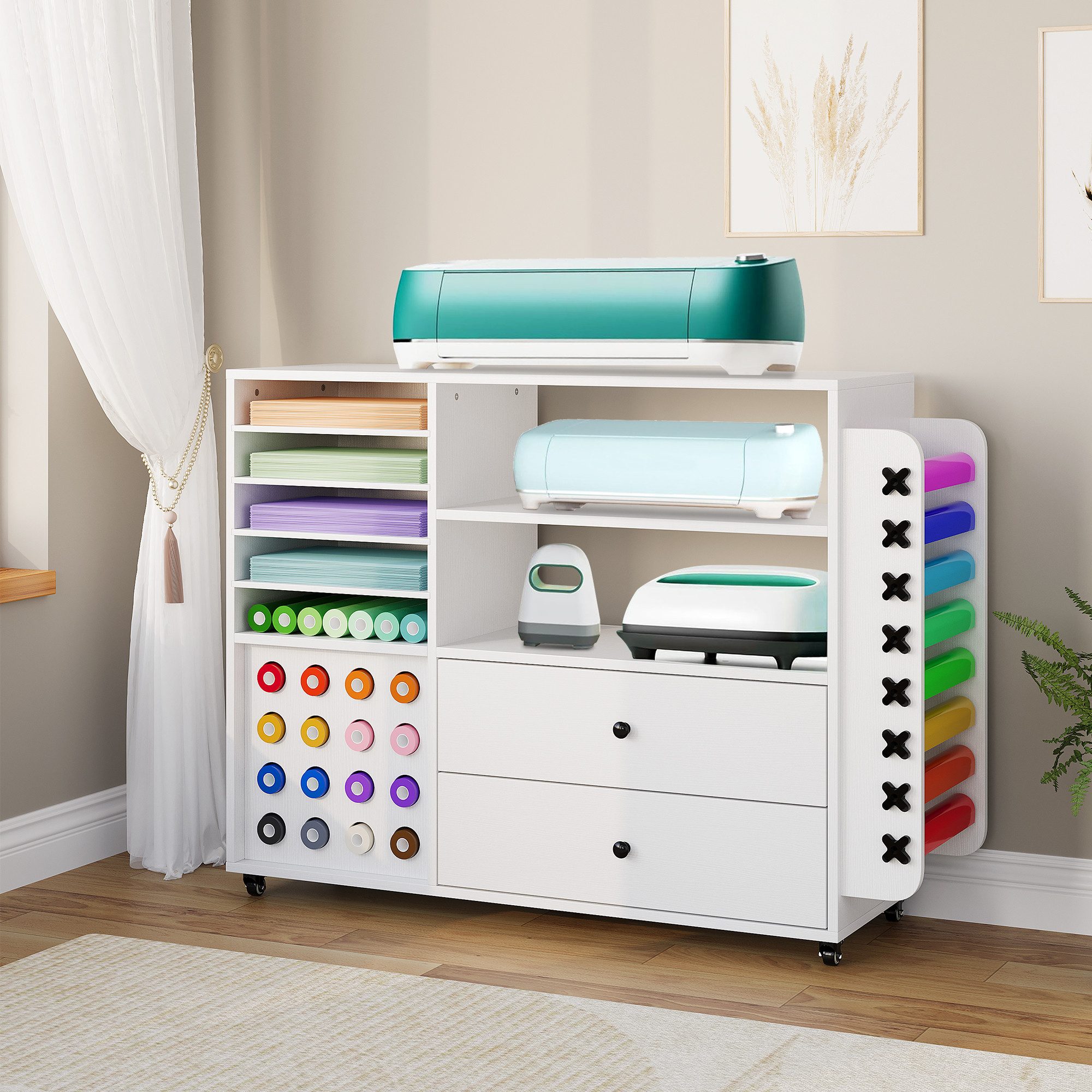 GarveeMore Rollwagen für Bastelbedarf, Vinyl Rollen Organizer, Cricut Aufbewahrung, 5 leise Rollen 360° lenkbar, verstellbare Böden, 2 Schublade