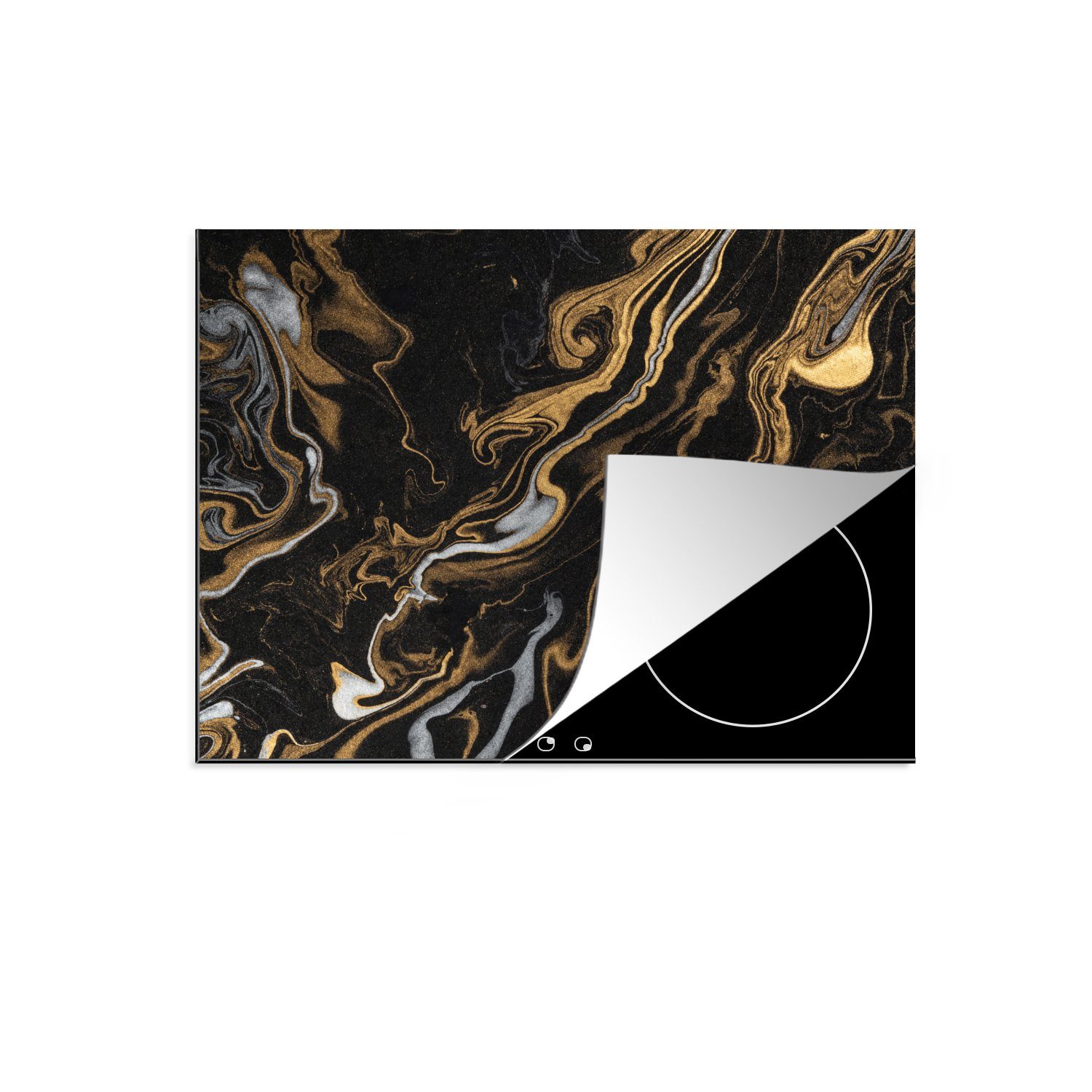 MuchoWow Herdblende-/Abdeckplatte Marmor - Silber - Gold - Abstrakt, Vinyl, (1 tlg), 59x52 cm, Ceranfeldabdeckung für die küche, Induktionsmatte