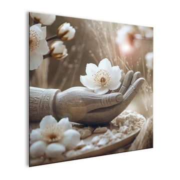 artissimo Glasbild Glasbild 30x30cm Bild aus Glas Boho-Style weiß beige Yoga Wellness, Zen und Spa: Buddha Hand