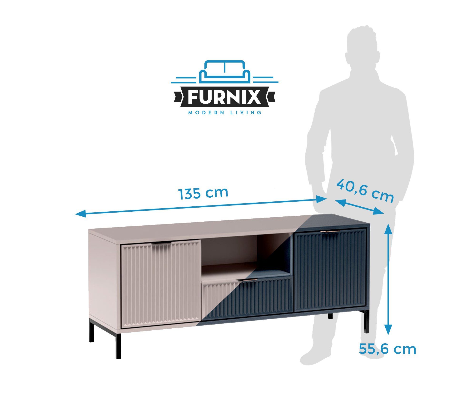 LS3 Furnix Loft-Design H55,6 TV-Board cm Schublade, in B135 LINKI und 1 Türen cm x 2 TV-Kommode Industrial, Kaschmir mit T40,6 x Blickfang,