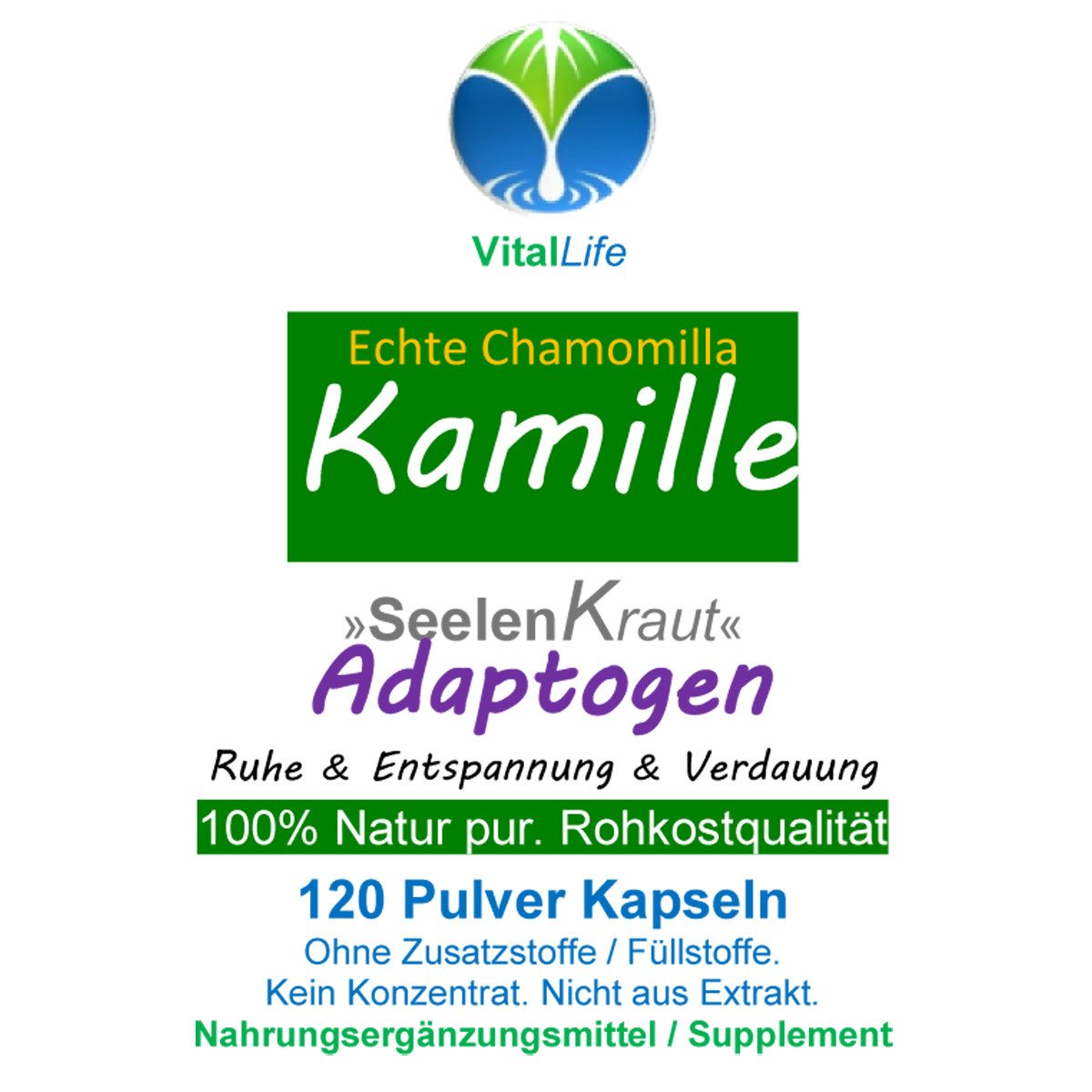 VitalLife Echte KAMILLE Kamillenblüten Natur Pur KEIN Extrakt Nicht Hochdosiert Kapseln, 1 er Dose à 120 St., 43,2 g, Art. 27120-120