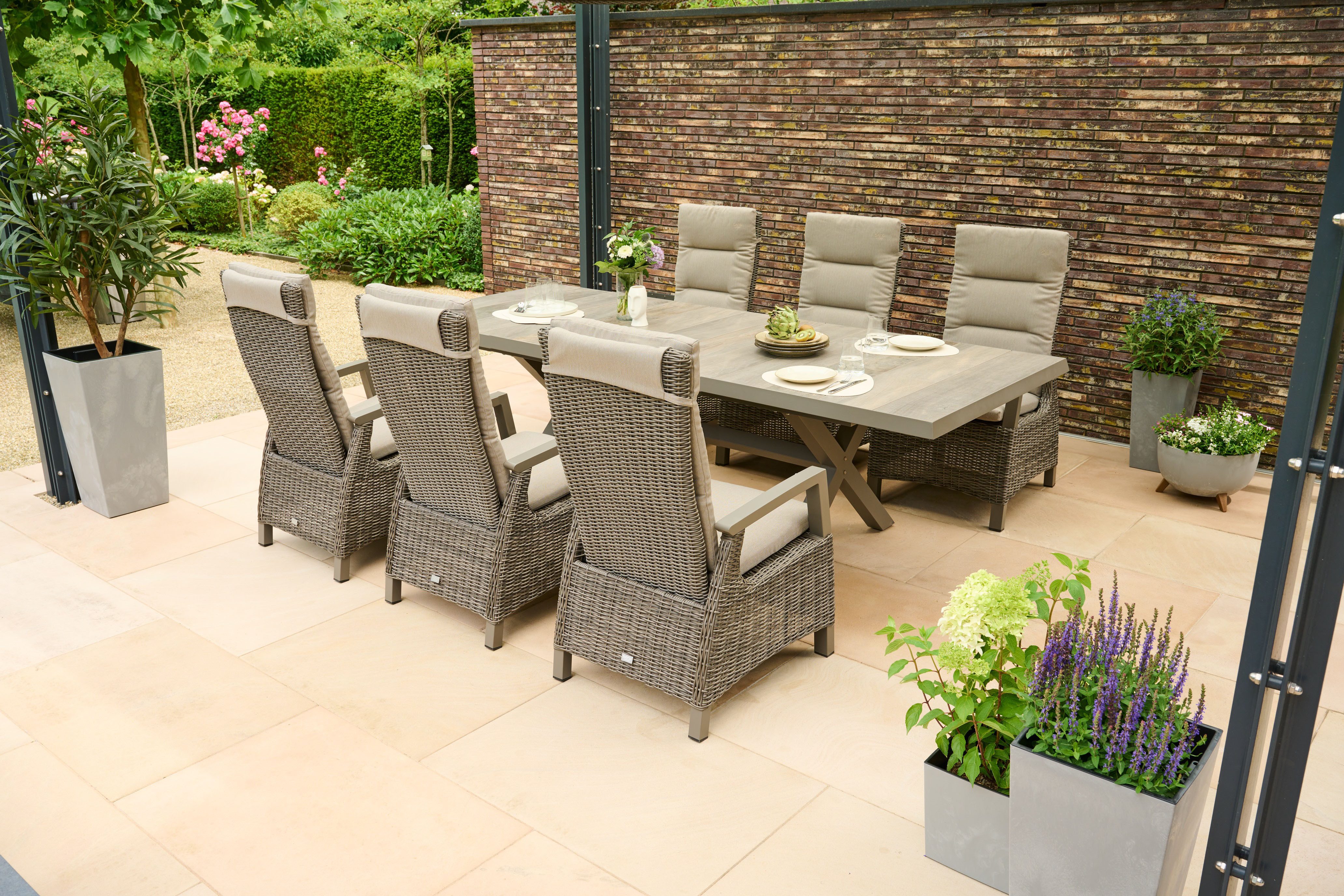 Siena Garden Garten-Essgruppe »Corido Move« mit Sincro Ausziehtisch, (Set, 13-tlg., inkl. Kissen und Move-Funktion), 6x Sessel, AZ-Tisch: 100x 200-260x 77 cm