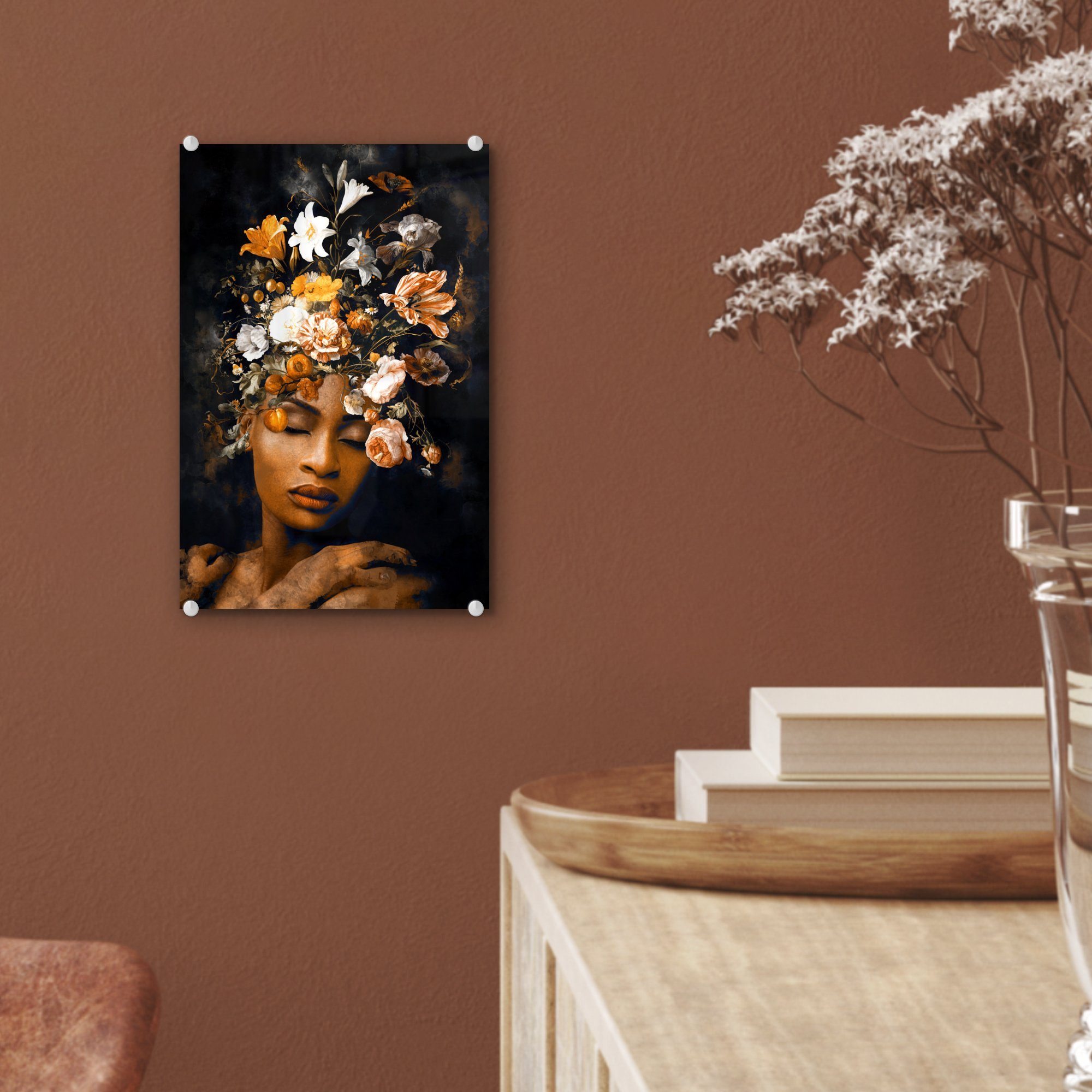 Foto auf - Wandbild Gold, Glas Glasbilder Wanddekoration (1 - Blumen MuchoWow Glas - - Frau auf Bilder - St), Acrylglasbild