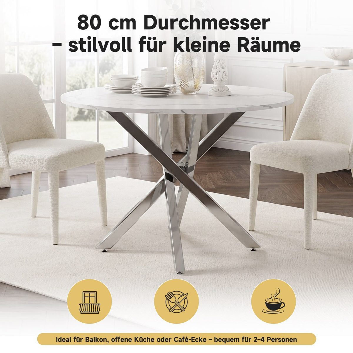 Odikalo Esstisch Küchentisch Wohnzimmertisch Gehärtete Glasplatte Galvanisierte Silber, 80*80*75cm – Bild 3 von 5