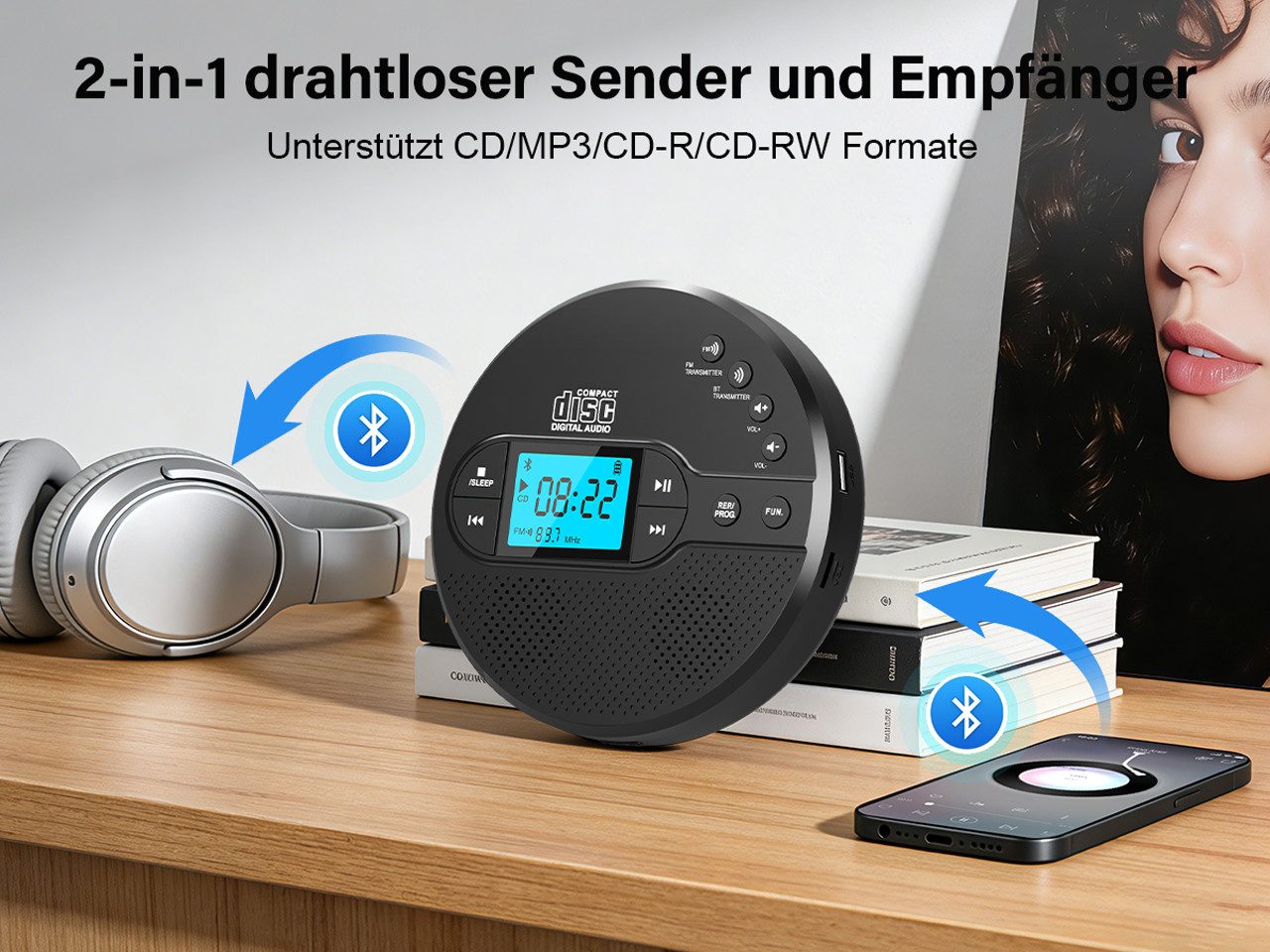 Greadio CD35 Tragbarer CD-Player Discman mit Bluetooth & Akku, FM-Sender tragbarer CD-Player