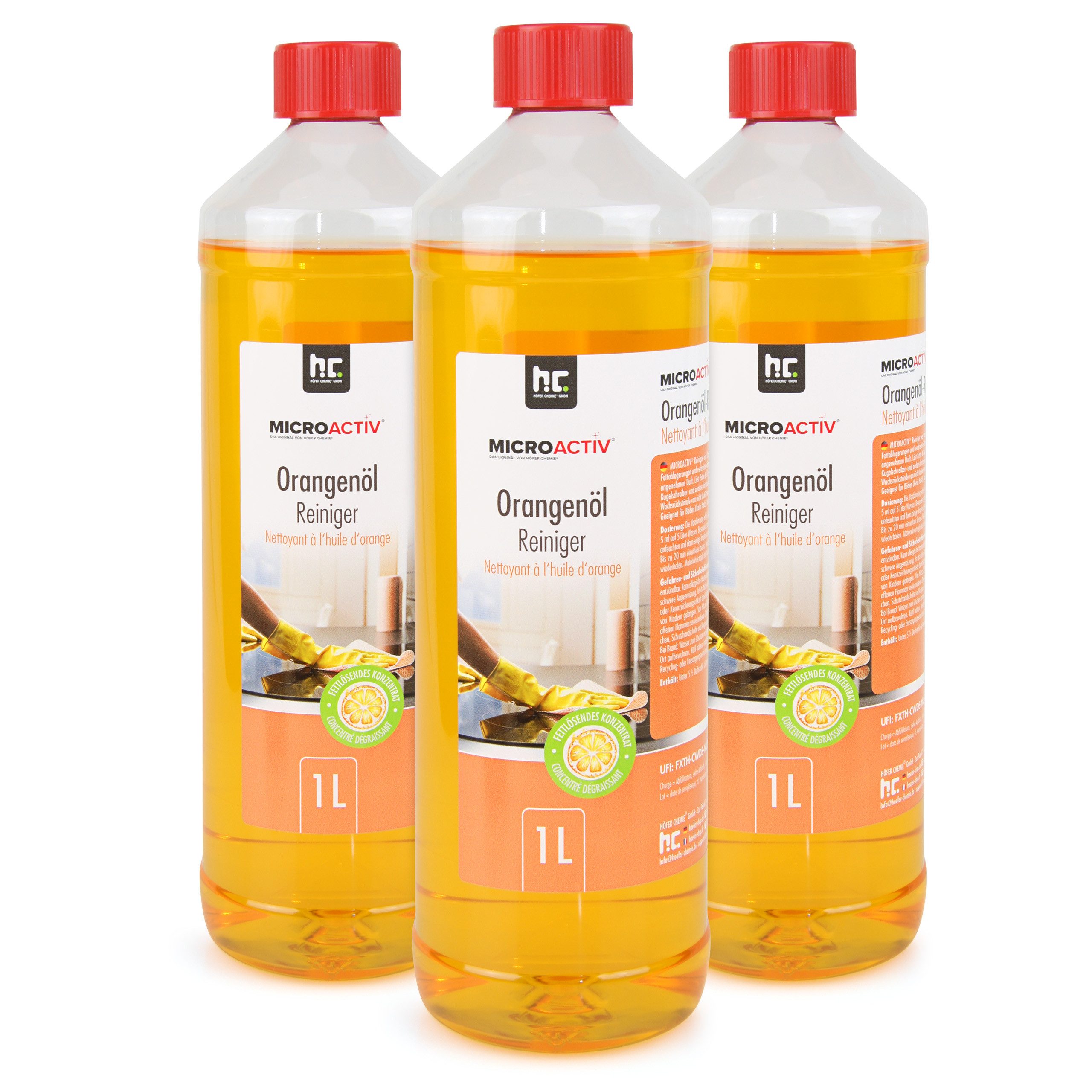 Höfer Chemie GmbH 3 x 1 L Microactiv® Orangenöl Reiniger Konzentrat Grundreiniger (Kraftvoller, natürlicher Reiniger mit Orangenduft)
