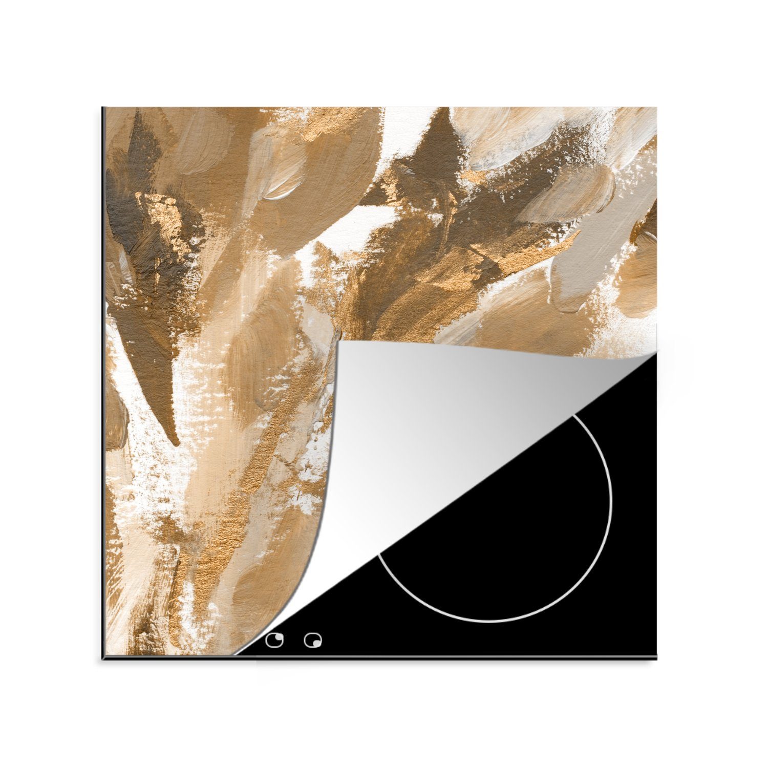 MuchoWow Herdblende-/Abdeckplatte Farbe - Gold - Weiß, Vinyl, (1 tlg), 78x78 cm, Ceranfeldabdeckung, Arbeitsplatte für küche