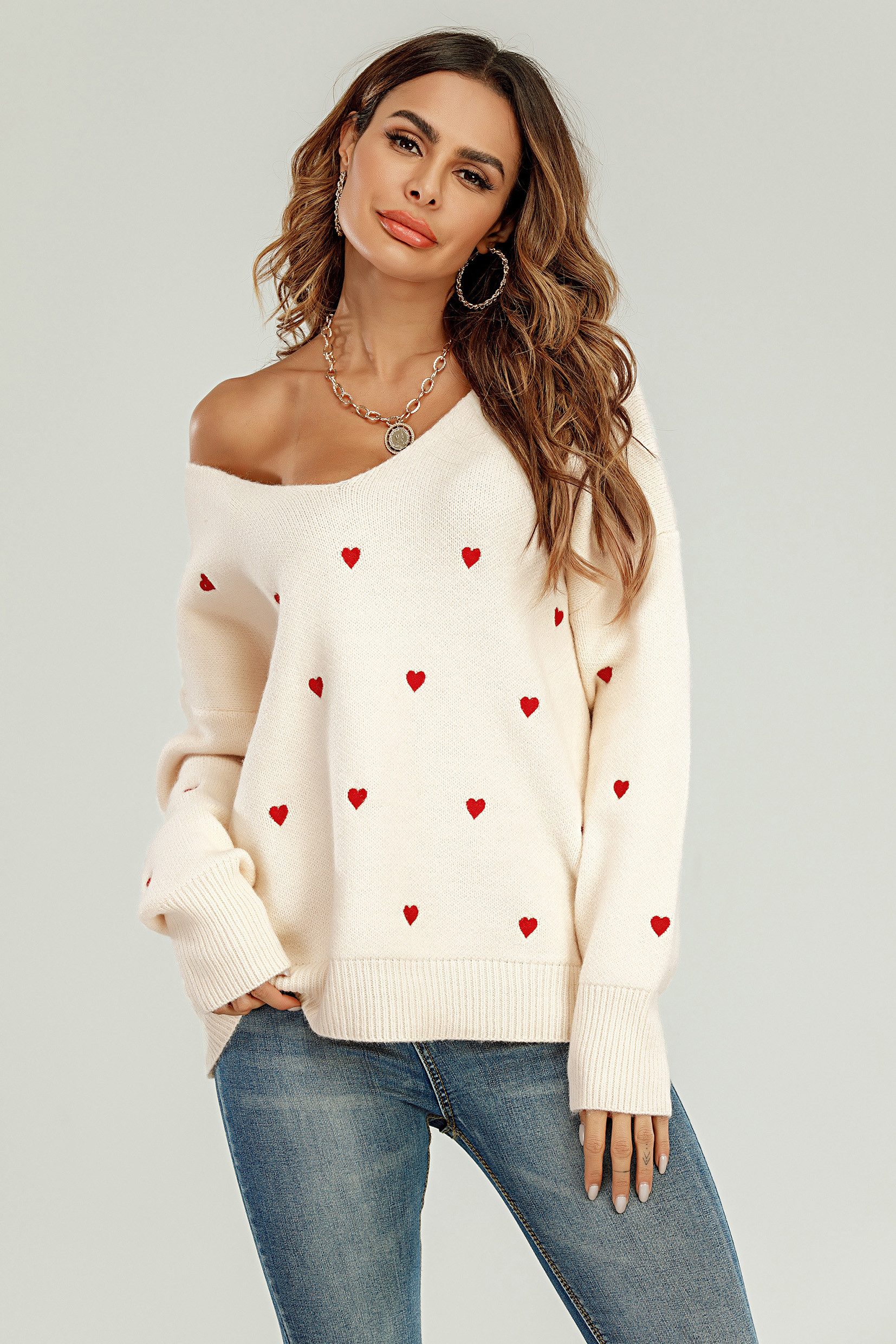 FS Collection Strickpullover Pullover aus Strick mit V-Ausschnitt und roter günstig online kaufen