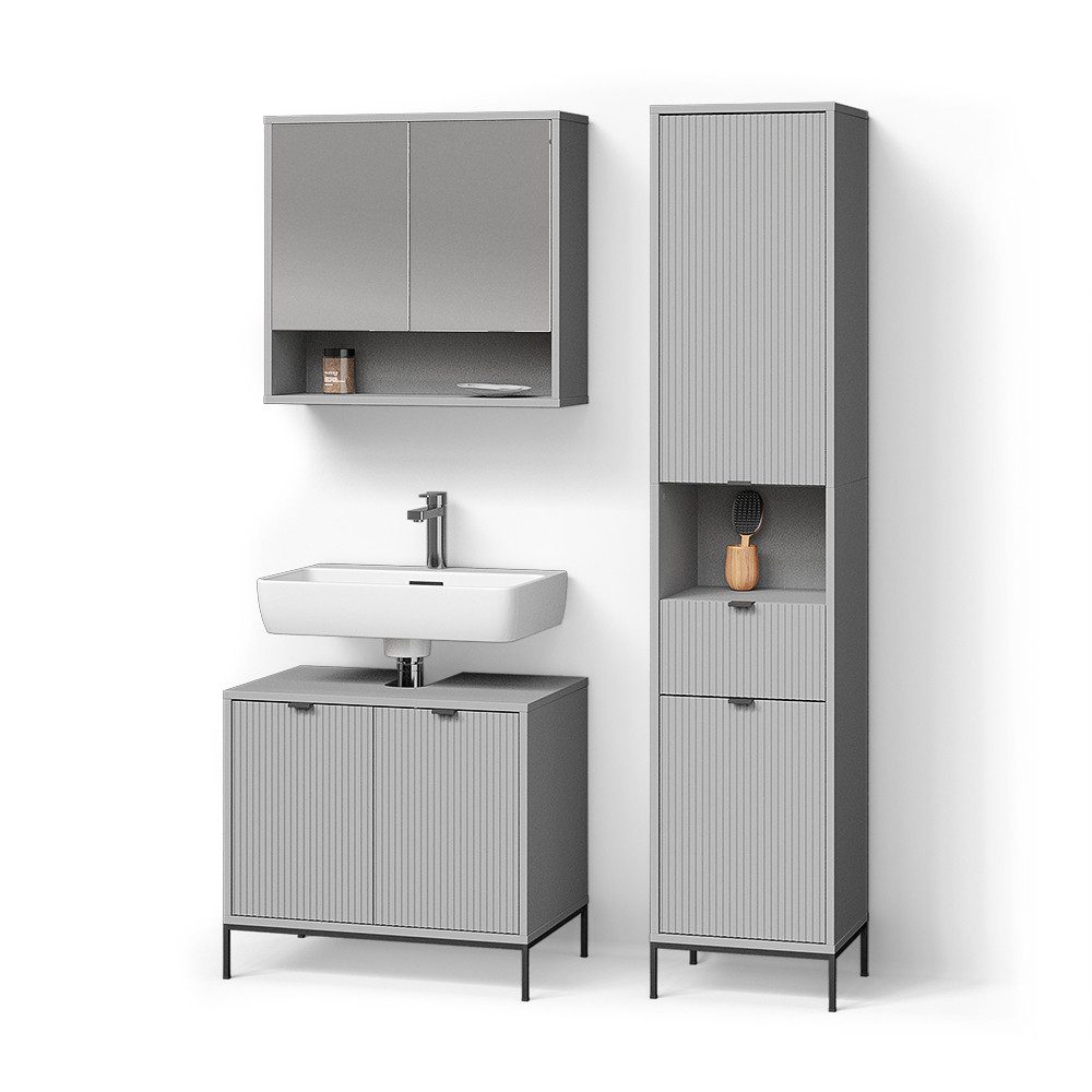 Livinity® Badmöbel-Set ATERNO, Grau, 3 Teile, mit Hochschrank günstig online kaufen
