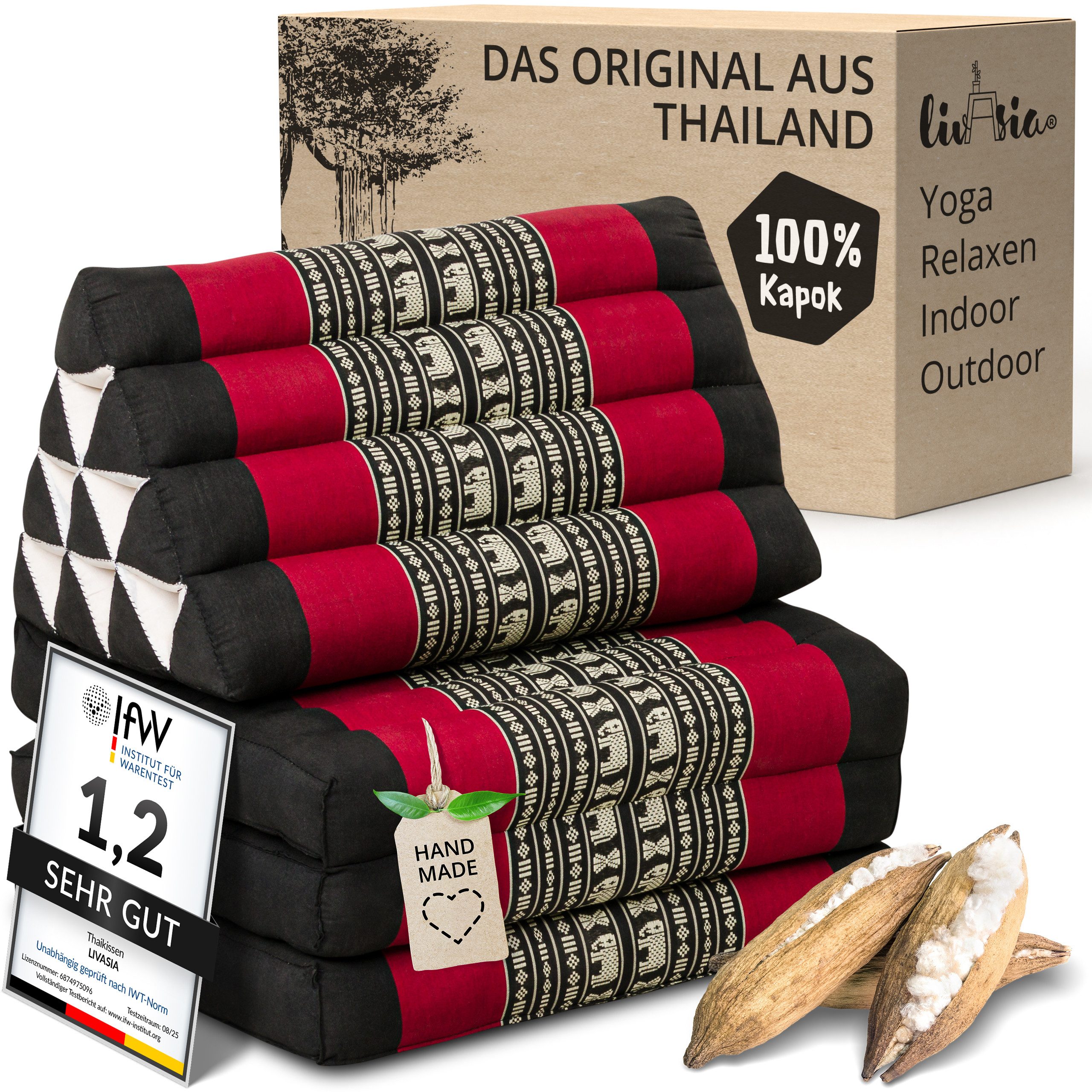 livasia Sitzsack Thaikissen 3 Auflagen (Classic) vegan und handgefertigt, 175x50x8cm, Kapok
