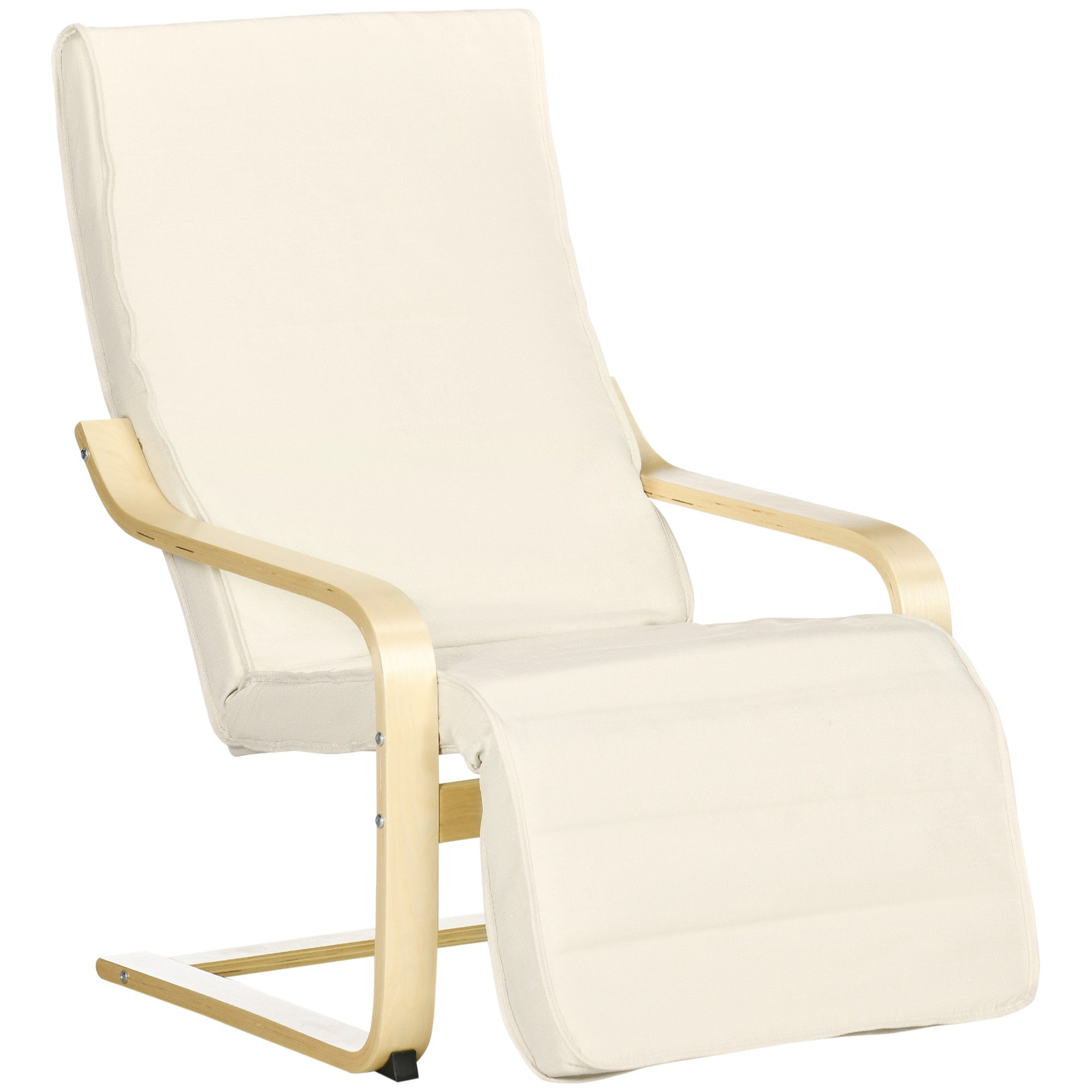 HOMCOM Relaxsessel mit Verstellbarem Fußteil, mit Leinenoptik (Esszimmerstuhl, 1-St., Schwingstuhl), für Wohnzimmer, Birkenholz, Cremeweiß 66,5 x 94 x 100cm
