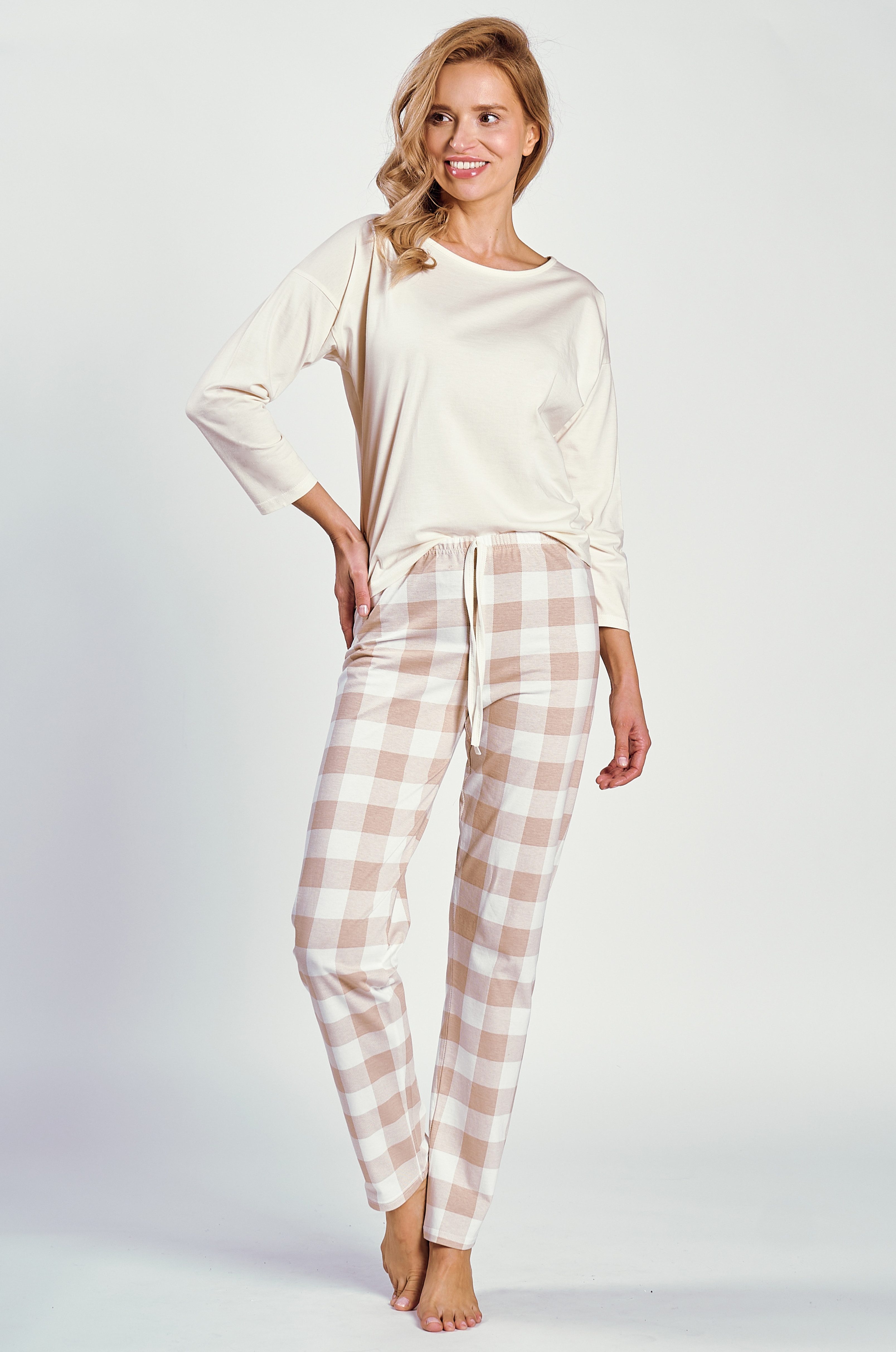 Mademoiselle Sommeil Pyjama Schlafanzug in zartrosa mit beige-karierter Hos günstig online kaufen