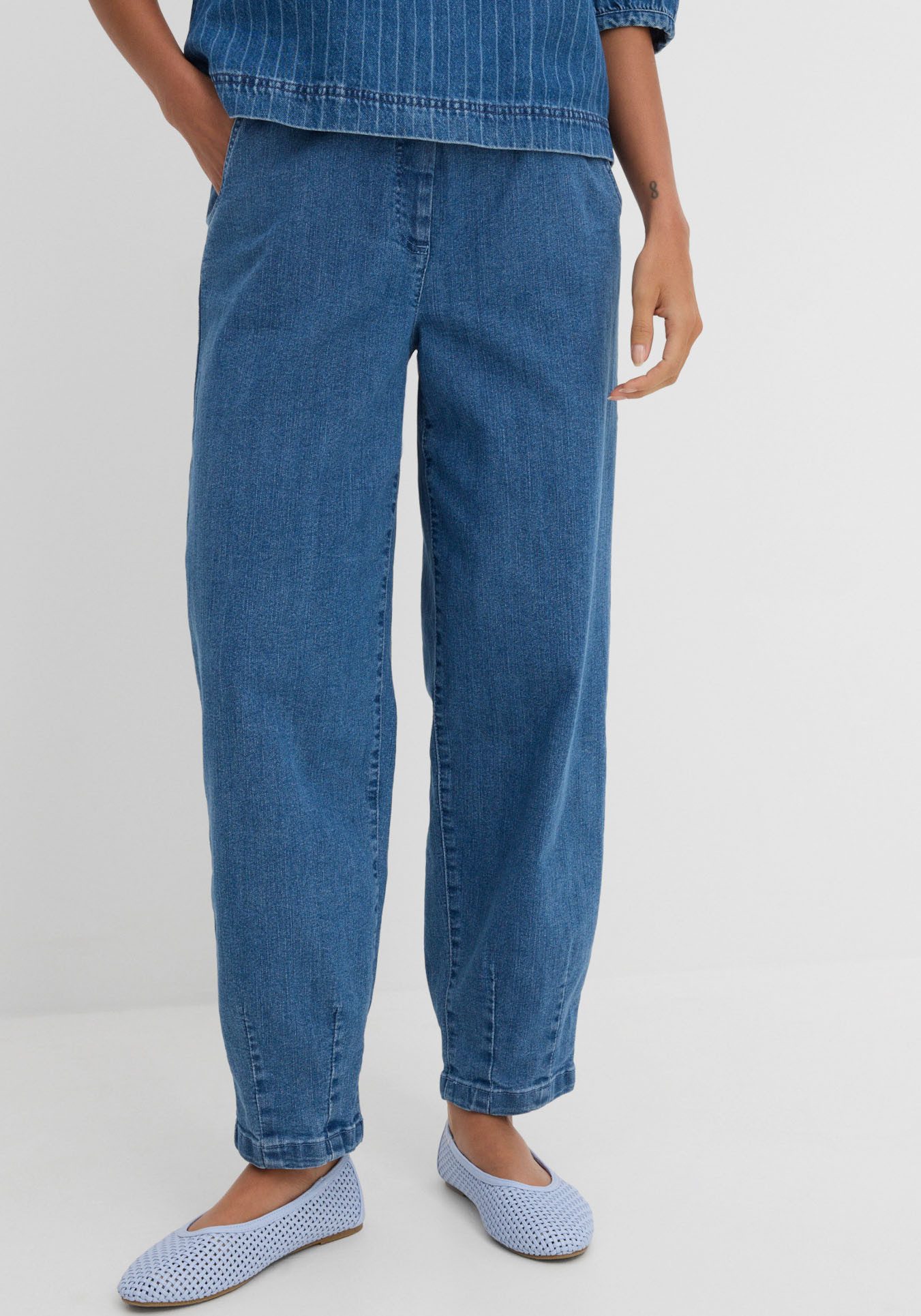 bonprix Mom-Jeans Loose Fit, elastischer Bund, aus Baumwolle, Polyester und Elasthan