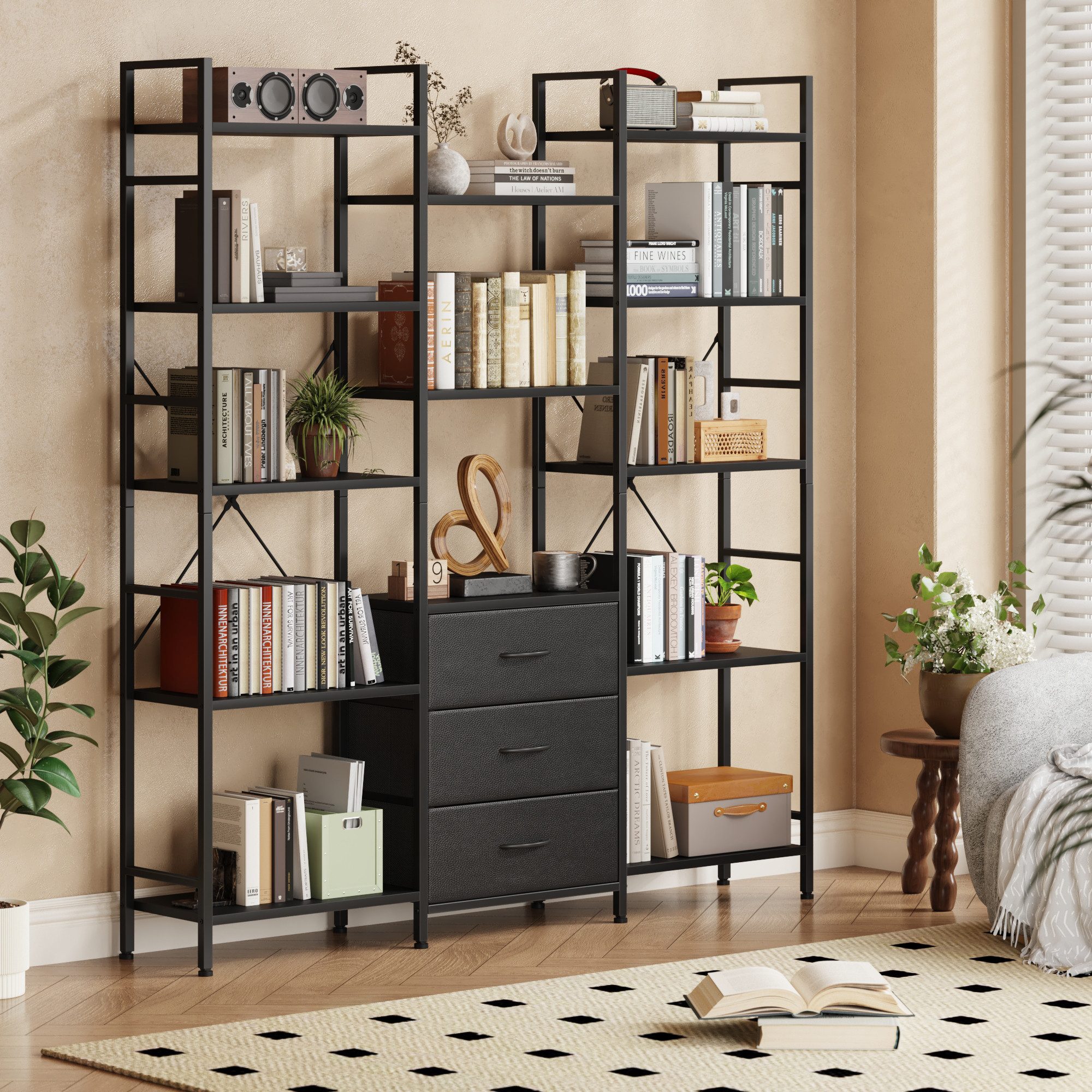 OYRREU Bücherregal mit 3 Stoffschubladen & 10 Ablageböden, Standregal, schlankes Design, höhe 142cm Bücherschrank 1-St., Anti-Kipp-Sicherung, mit offenen Ablage – Bild 3 von 5