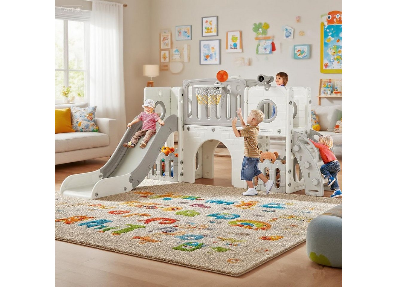 TLGREEN Rutsche,9-in-1 Indoor & Outdoor Spielset für Kleinkinder, (179cm Rutsche mit Kletterwand, Basketballkorb, Kinder Spielplatz, mit 2PCS Moduls), Tunnel & Montessori Spielzeug, Sicher, Stabil bis 60kg