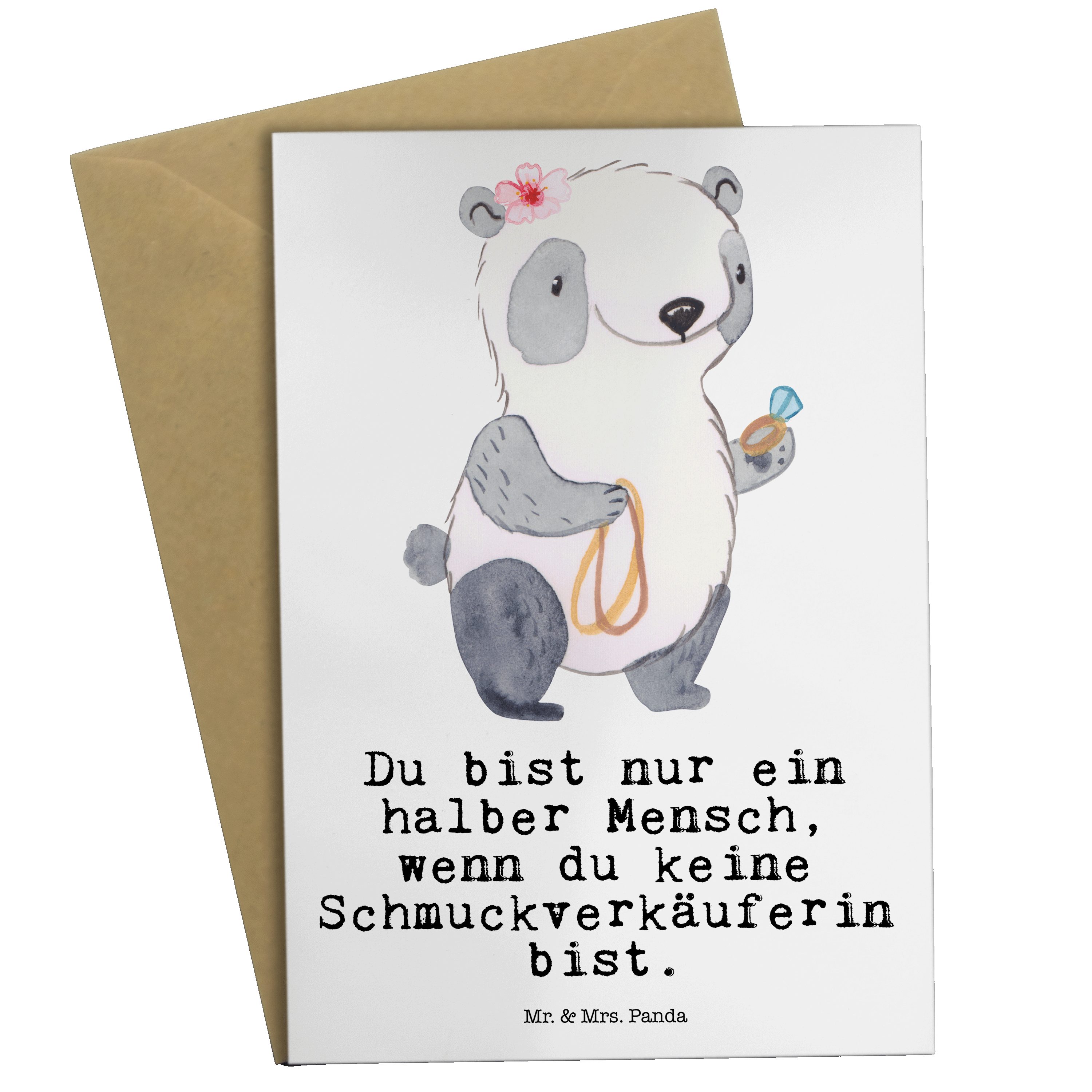 Mr. & Mrs. Panda Grußkarte Schmuckverkäuferin mit Herz - Weiß - Geschenk, Einladungskarte, Juwel
