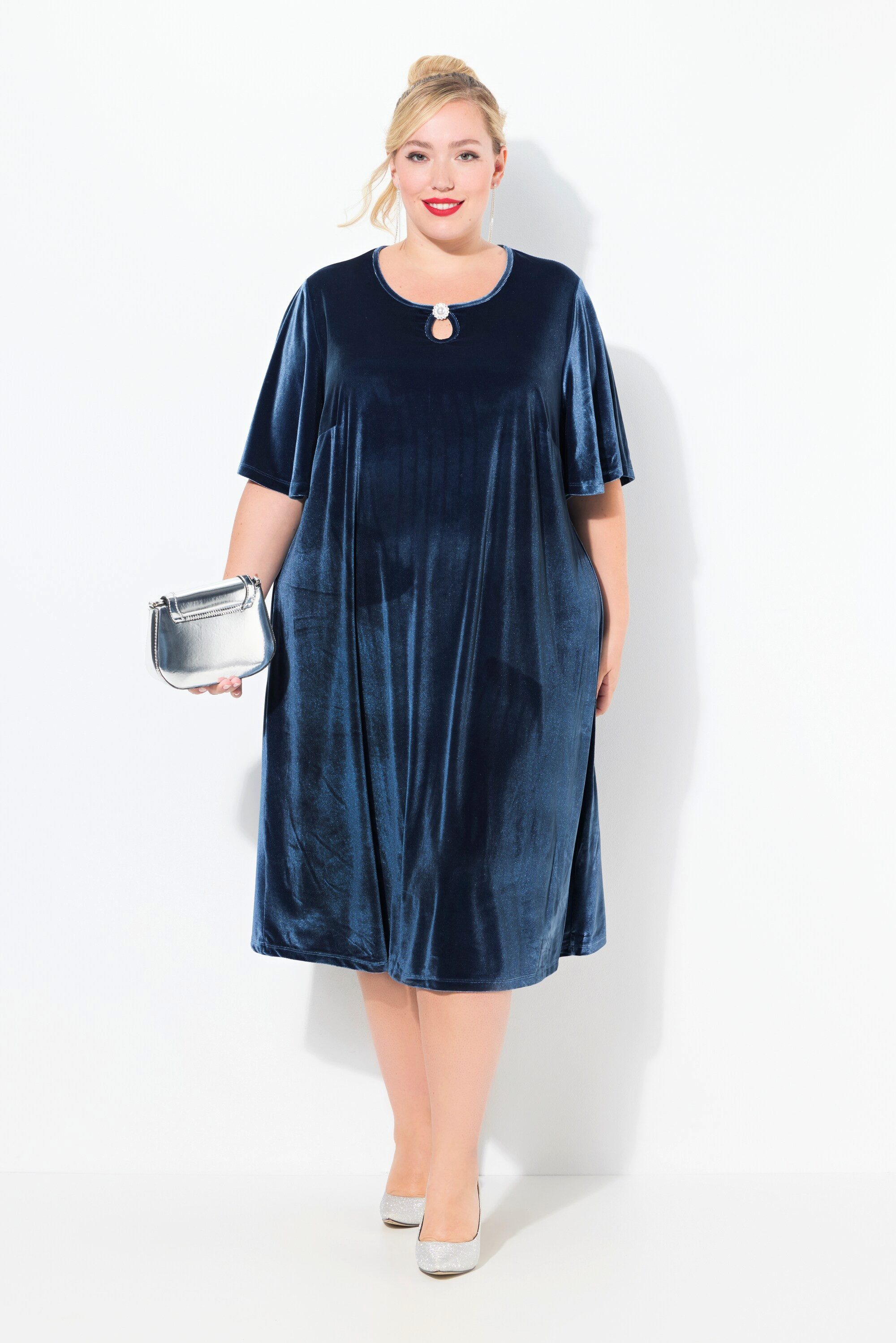 Ulla Popken Abendkleid Samtkleid A-Linie Keyhole Rundhals Halbarm