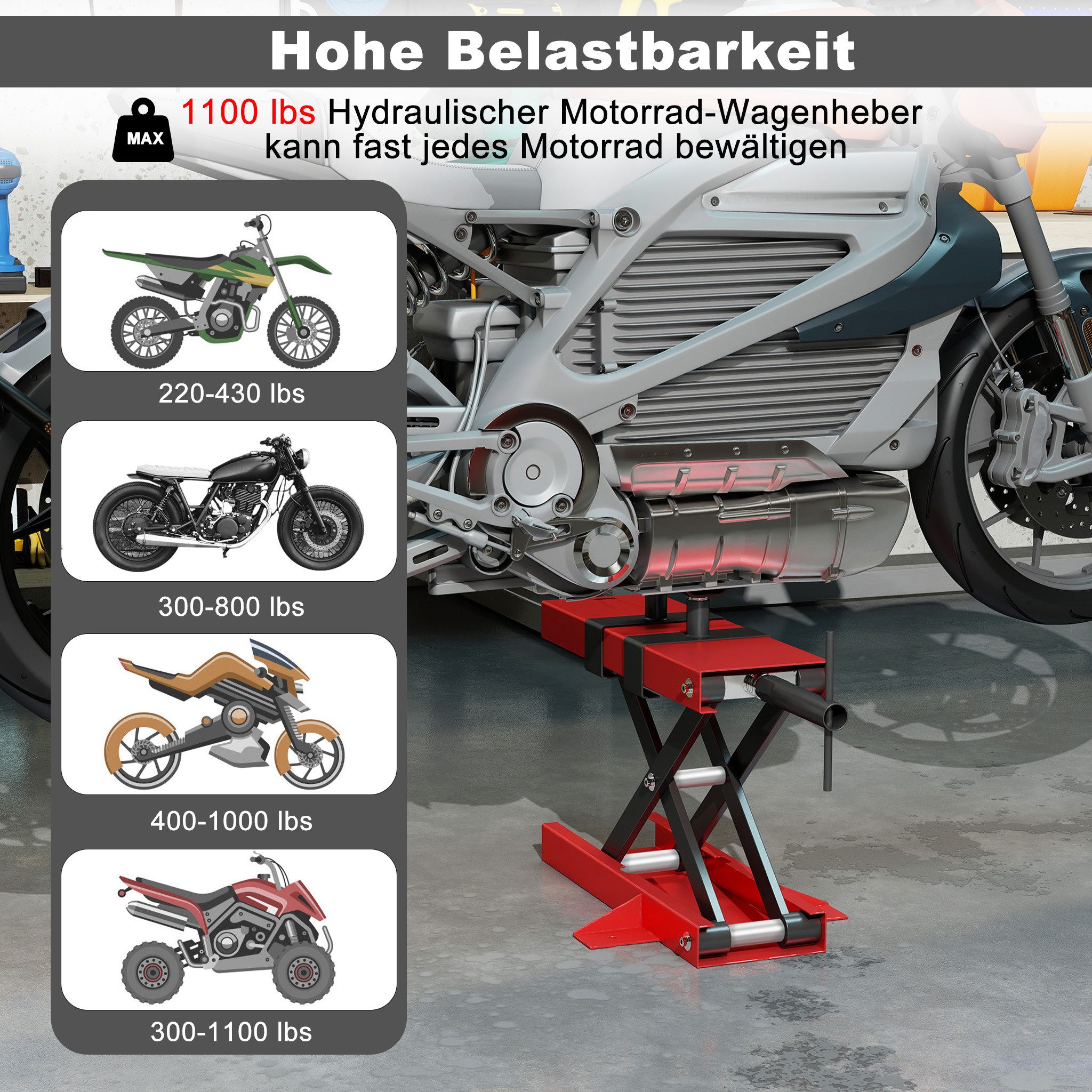 FIVMEN Motorradheber Motorradhebebühne Hebebühne Rangierhilfe Reparatur Motorradlift, Heber Motorrad Montagebock bis zu 500kg für Motoständer Reparatur