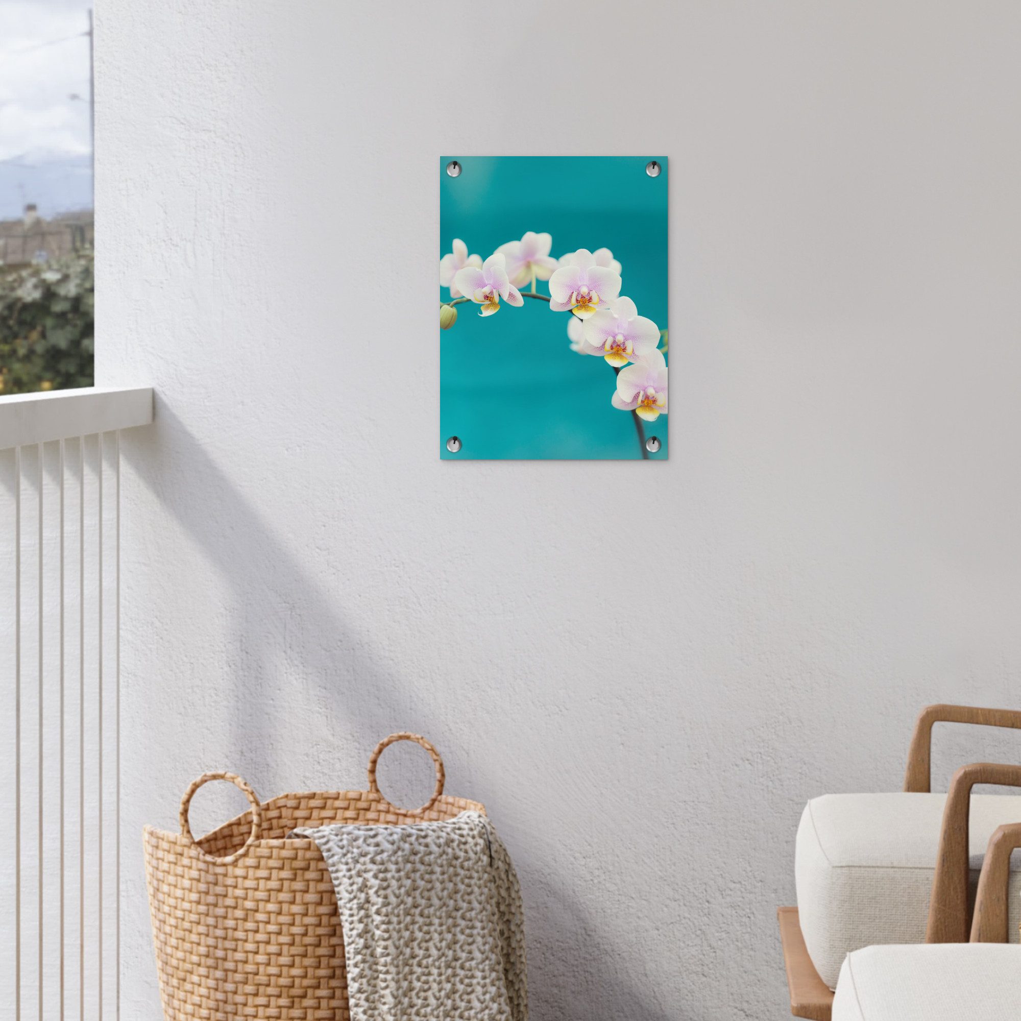 OnlyWow Poster für Garten Orchidee - Blumen - Pflanze - Weiß - Lila, Gartenposter, Outdoor Bilder, Gartendeko für draußen, 30x40 cm