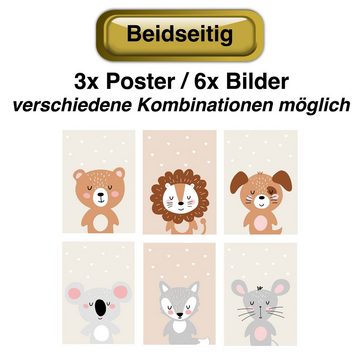 CABBEL Leinwandbild DIN A4 Poster Kinderzimmer Babyzimmer, SechsFreunde, DIN A4 Poster 3er Set, Wandbilder, Wandposter