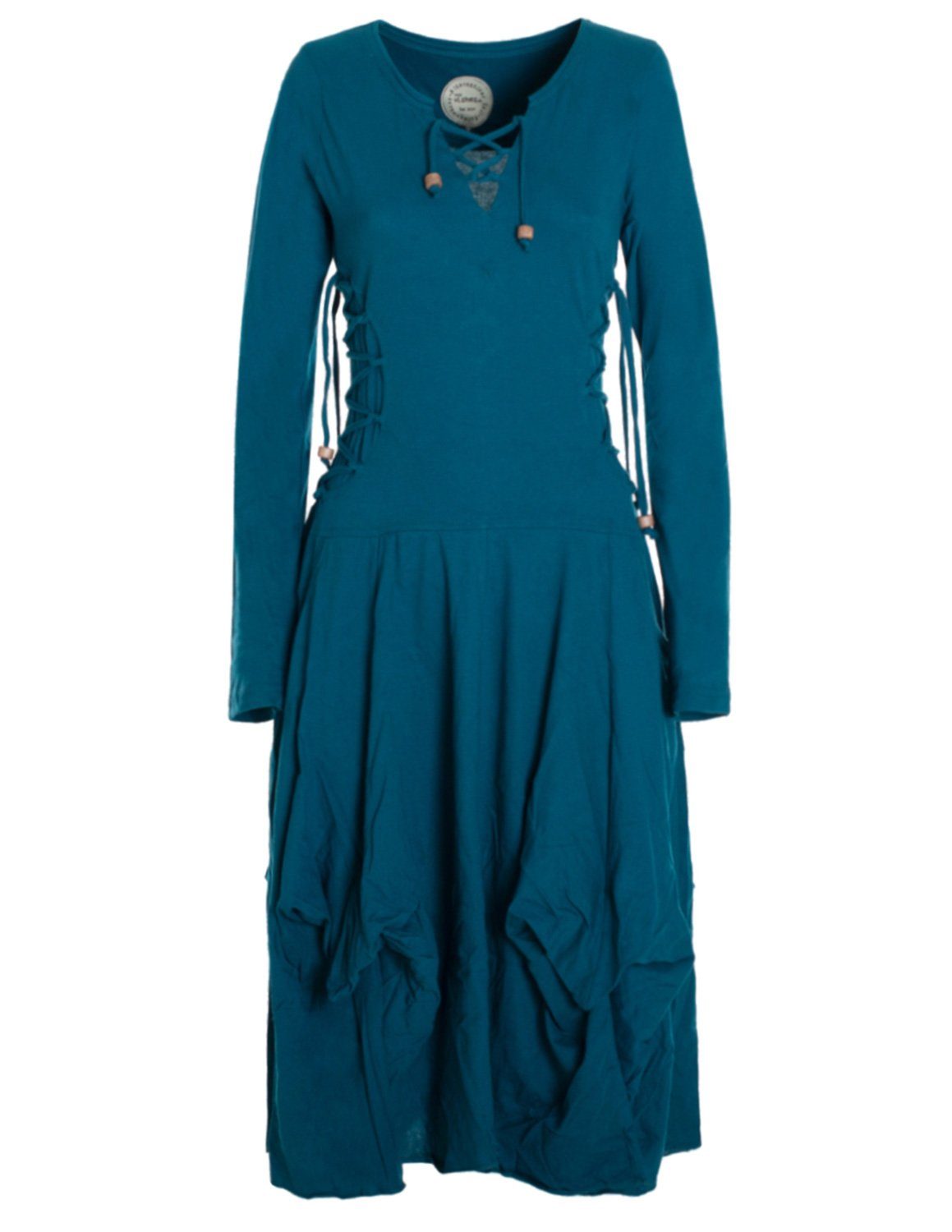 Vishes Midikleid Langes Langarm Bio Ballonkleid einfarbig mit Schnürung V-Ausschnitt Hippie, Elfen, Festag, Style