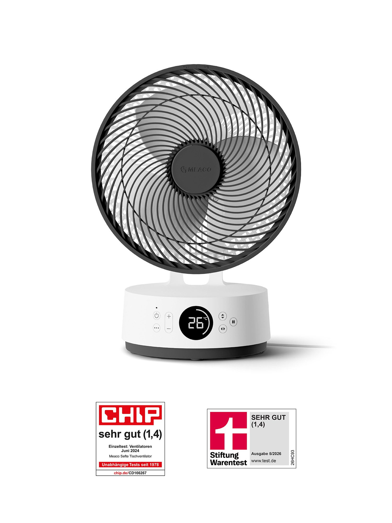 Meaco Tischventilator Sefte® 25,4 cm leise 25 dB, DC Motor mit Fernbedienung, Oszillation, Nacht- und ECO-Modus, 12 Lüftergeschwindigkeiten, Ein- und Aus-Timer
