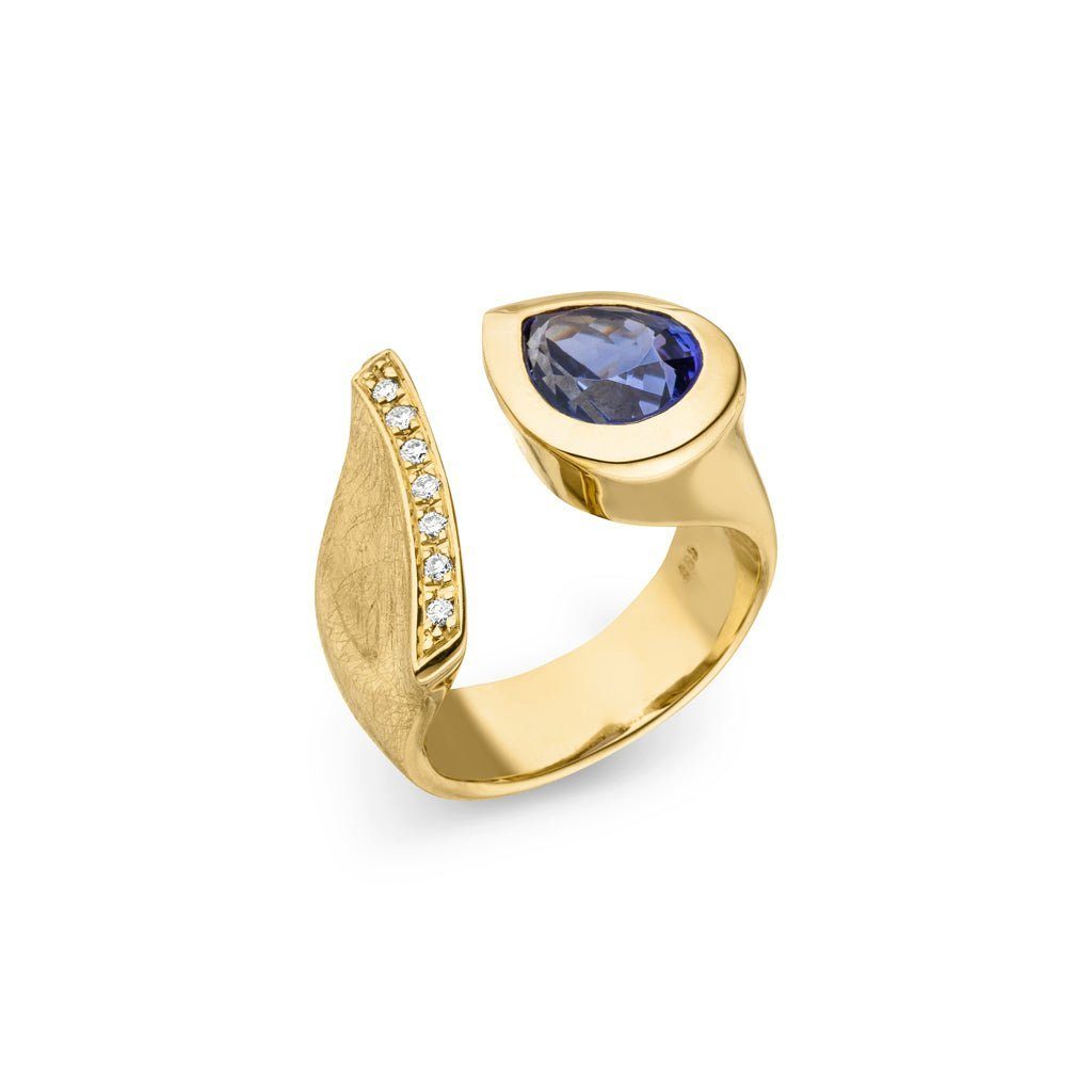 SKIELKA DESIGNSCHMUCK Goldring Tansanit Ring "Drop" 3,45 ct. mit Diamanten (Gelbgold 585), hochwertige Goldschmiedearbeit aus Deutschland