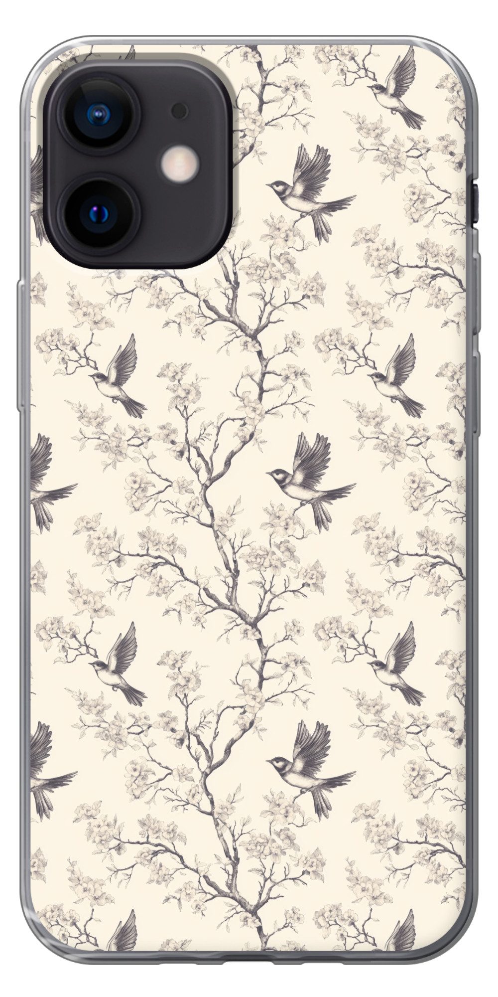 MuchoWow Handyhülle für Apple iPhone 12 Äste - Vögel - Beige, Smartphone-Bumper, Print, Handy Schutzhülle Dünn