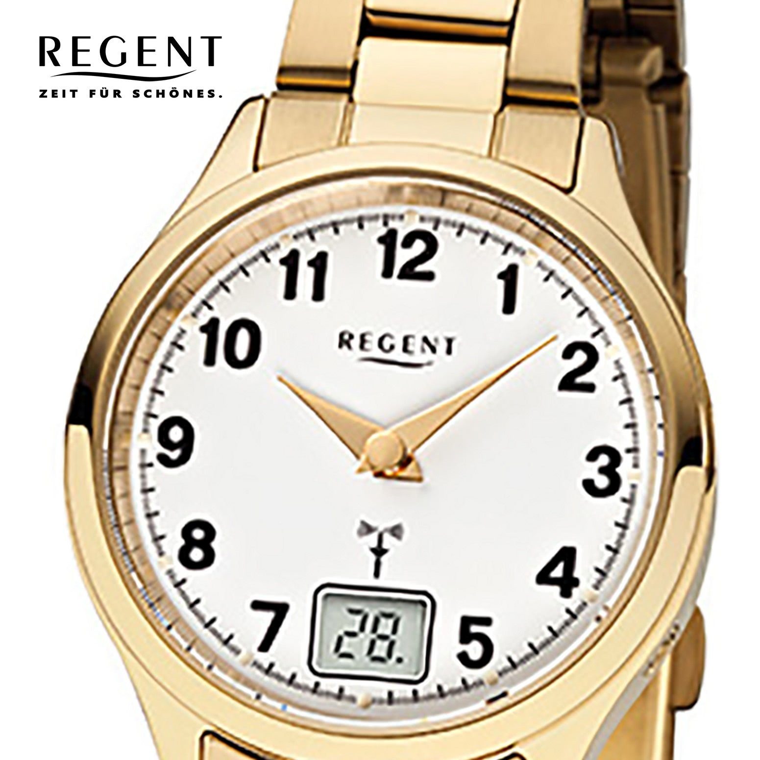 Regent rund, (ca. klein Funkuhr 29mm), Funkuhr gold, Edelstahlarmband Regent Damen-Armbanduhr Damen