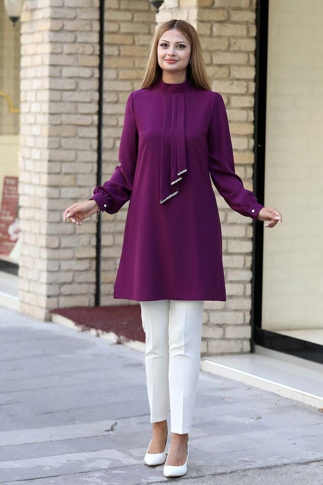 Tunika Krawatten Damen Longtunika Mode Hijab Fashion Modest lange Tunika Detail Violett Modavitrini