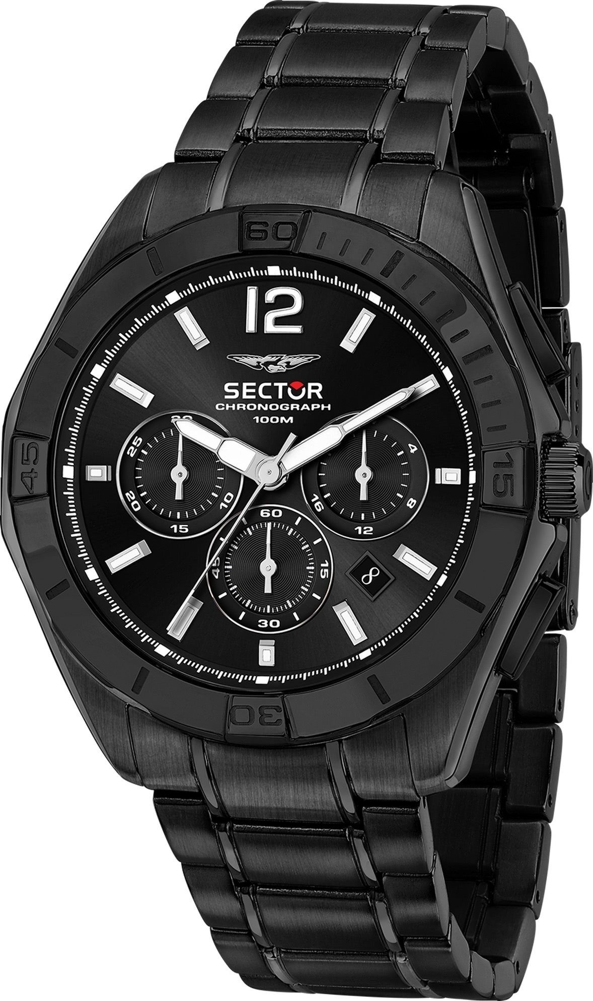 Sector Chronograph rund, schwarz, Edelstahlarmband Chrono, Armbanduhr Herren Sector groß Fashion (48mm) Armbanduhr Herren