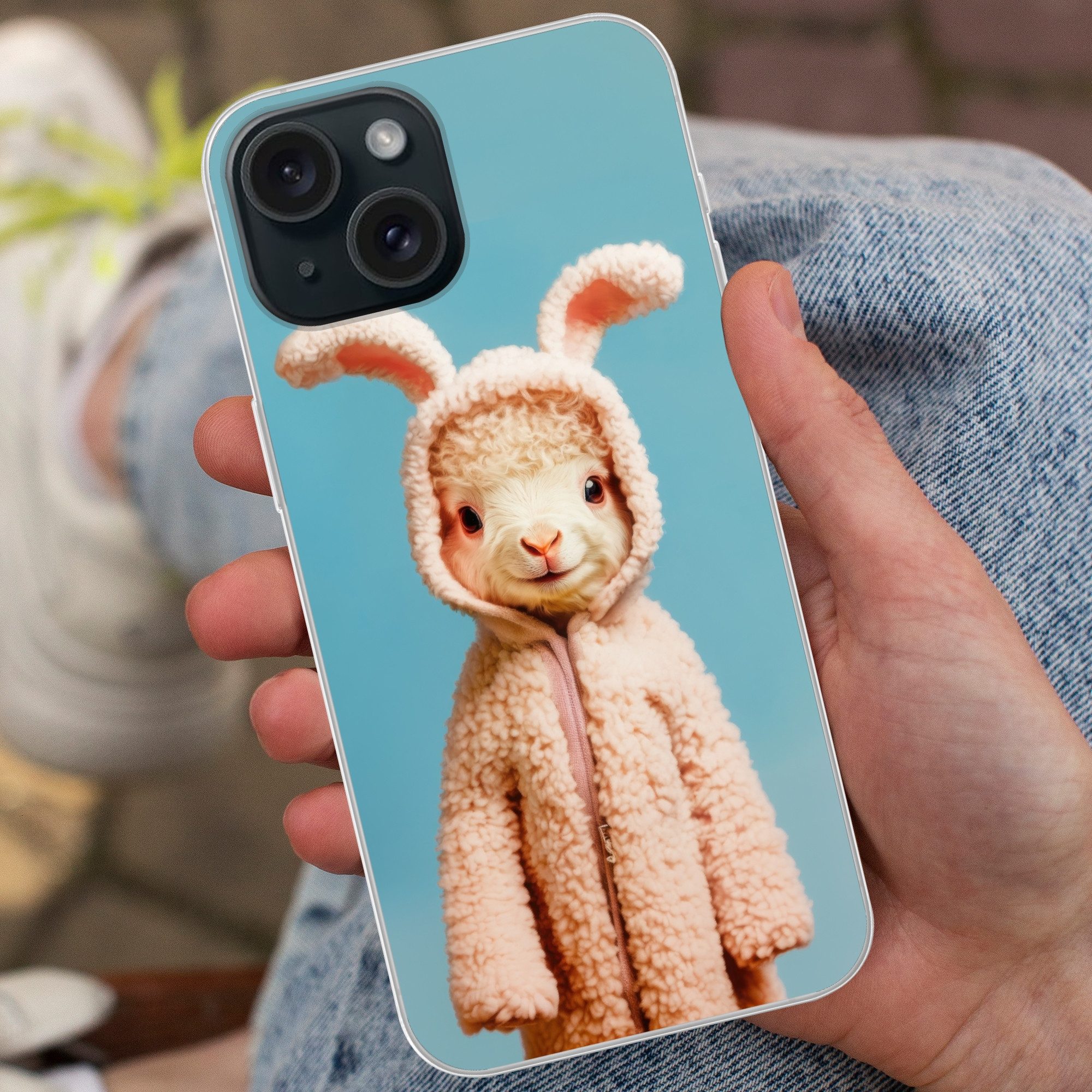 MuchoWow Handyhülle für Apple iPhone 15 Lamm - Osterhase - Kostüm, Smartphone-Bumper, Print, Handy Schutzhülle Dünn