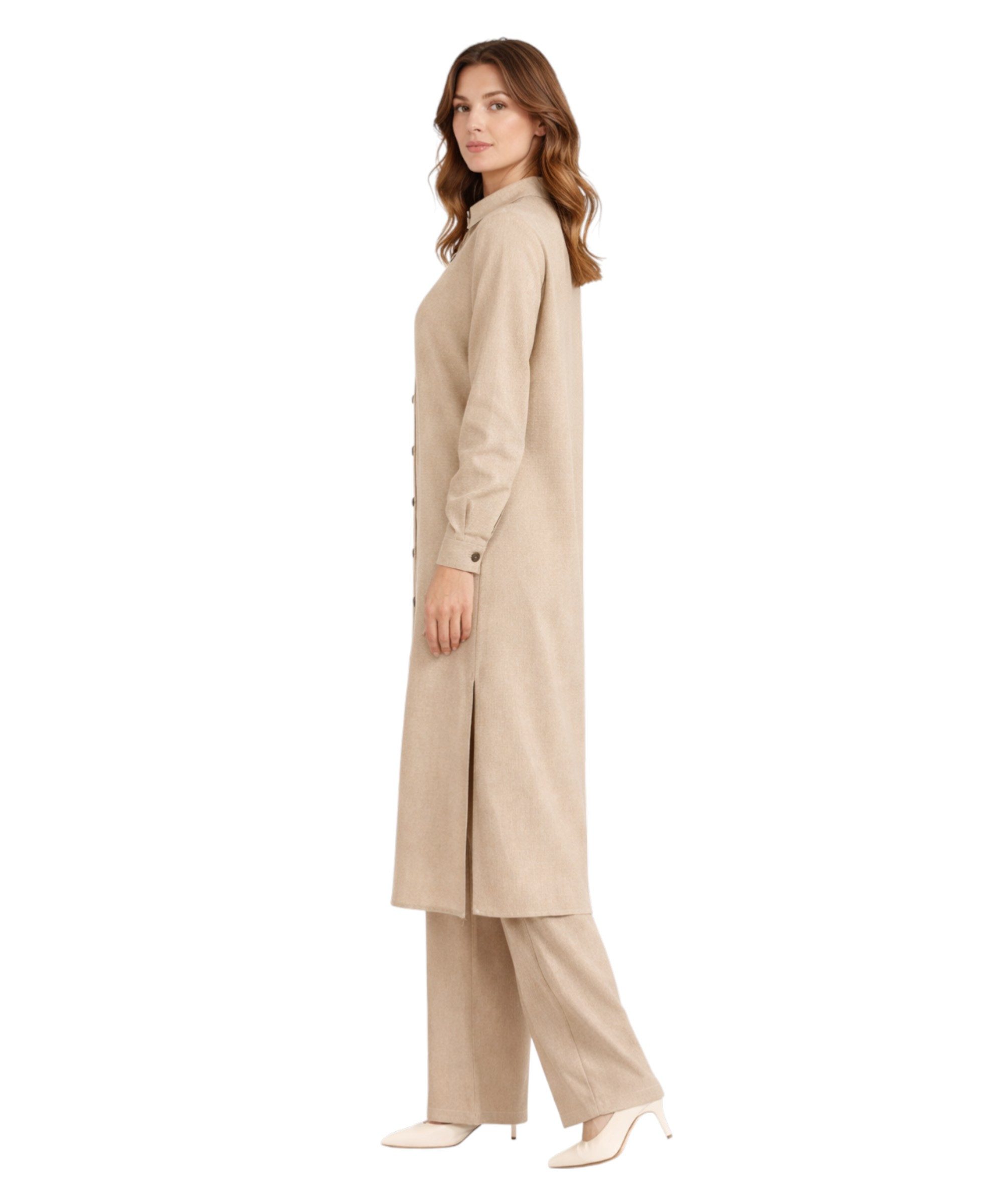 fashionshowcase Longtunika Damen Hemdkleid Stil mit Knöpfen Langarm Modest