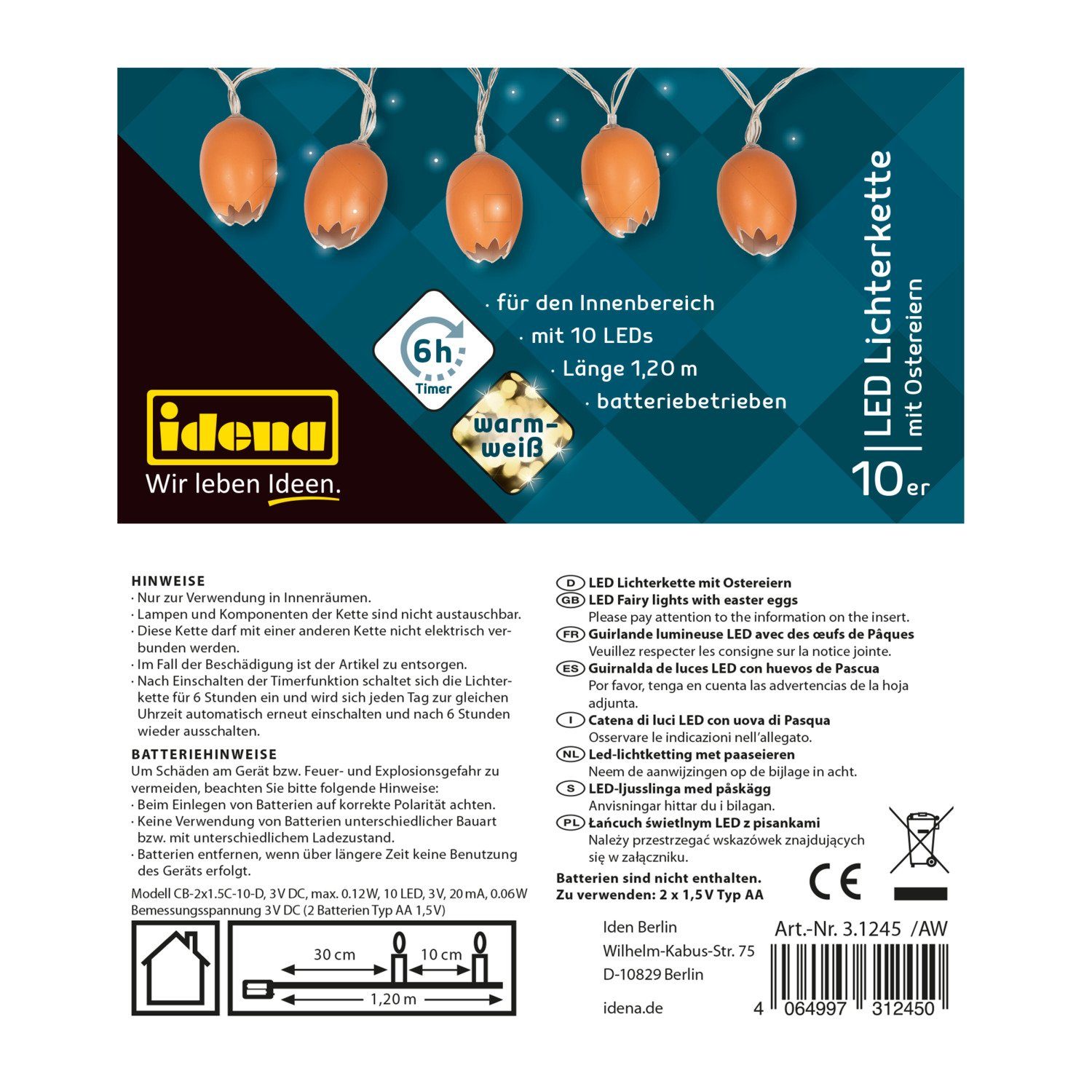 Idena LED-Lichterkette Idena 31245 - LED Lichterkette für Ostern, mit 10 LEDs in Warmweiß
