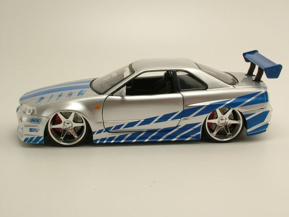 JADA model car Nissan Skyline GT-R R34 2002 silver blue Brian Fast & Furious, scale 1:24